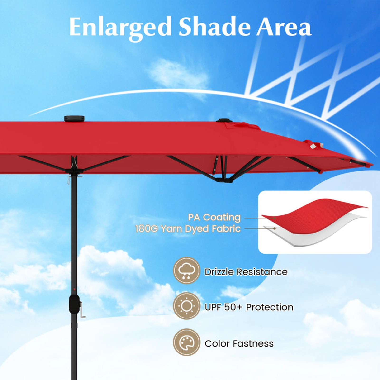 SUGIFT 13-ft Wine Rectangular Twin-Panel Solar Patio Umbrella with 36 Lights and Wind Vents for Yard
