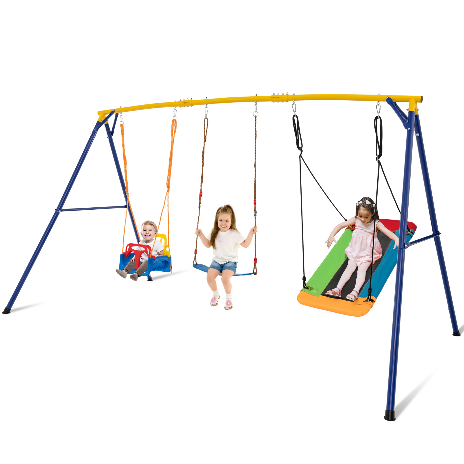 SUGIFT Kids Yellow Metal Swing Set with 3 Swings and Ground Stakes 11.5-ft W 6-ft D 6.4-ft H 660-lb Frame Capacity