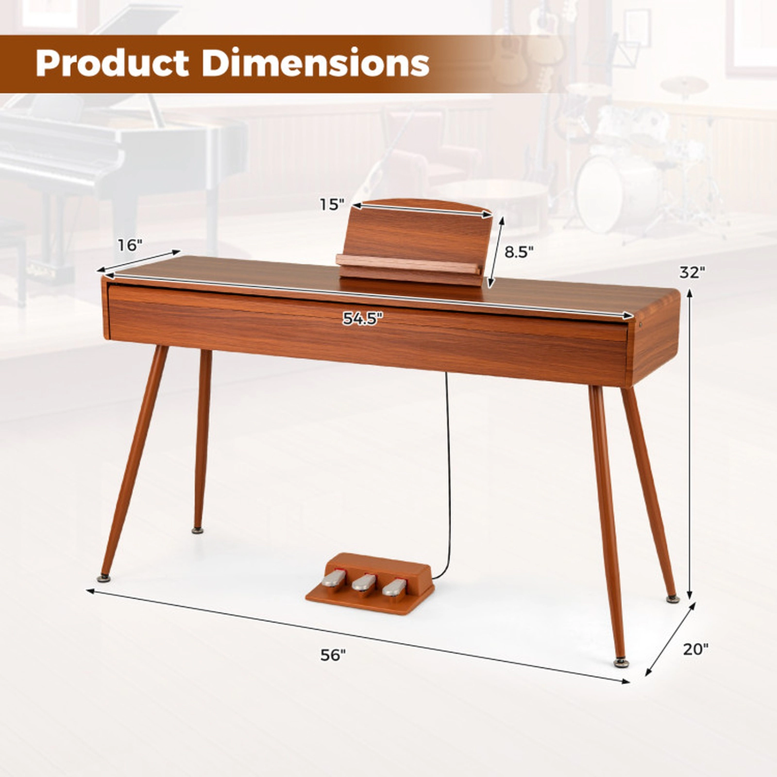 SUGIFT Brown 88-Key Graded Hammer Action Weighted Digital Piano with Push-Pull Drawer 56-in W 20-in D 32-in H