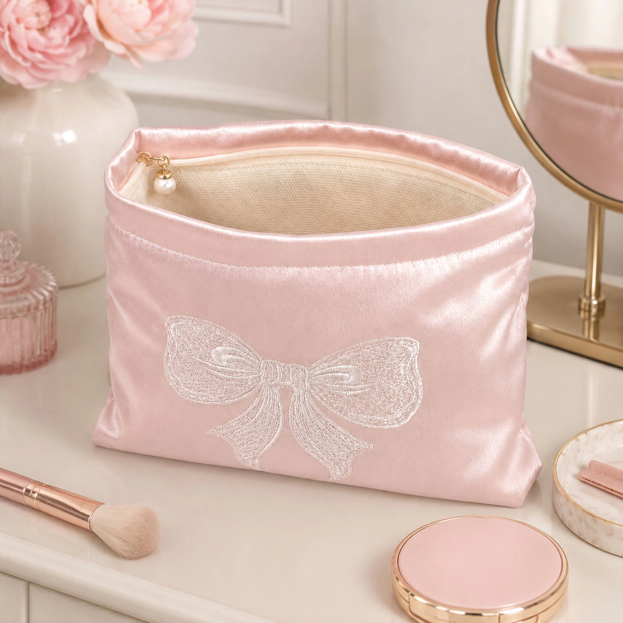 Alilang Unisex Satin Makeup Bag Bow Embroidered Cosmetic Pouch Travel Toiletry Organizer