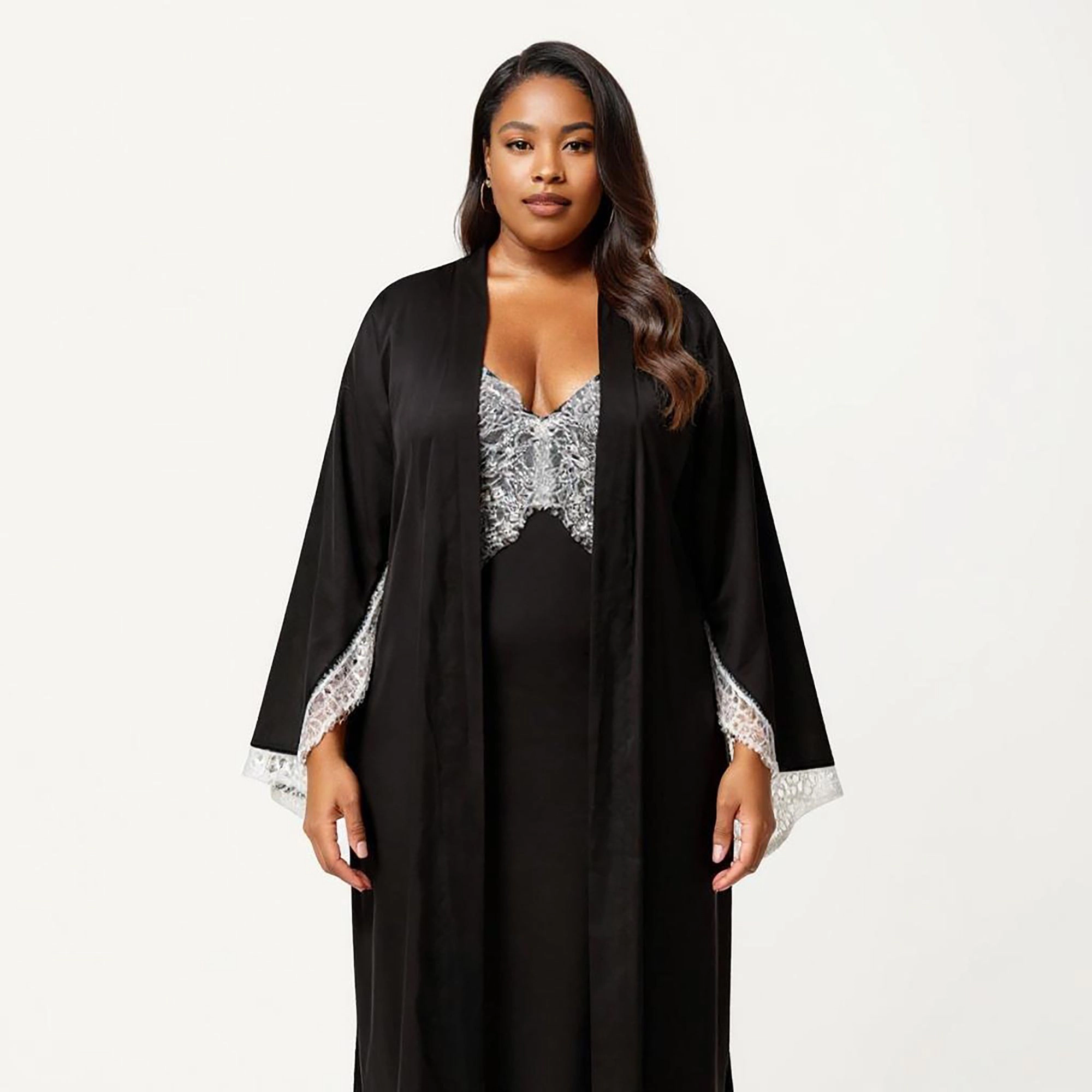 Anna-Kaci Women's Plus Long Robe Set with Soft Draped Silhouette and Delicate Lace Trim Accents