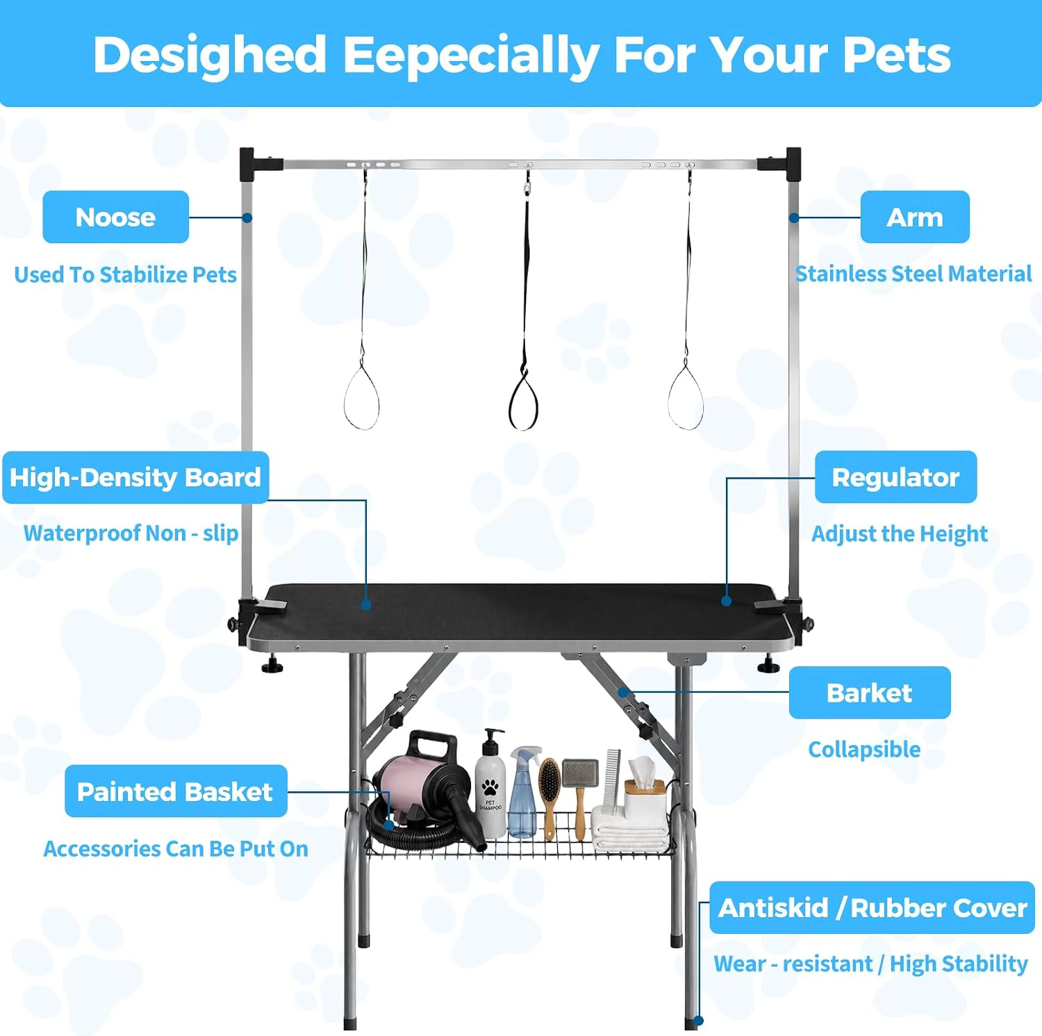 42" Foldable Dog Grooming Table, 350 lb Capacity, Adjustable H-Arm, Non-Slip Top, Mesh Basket