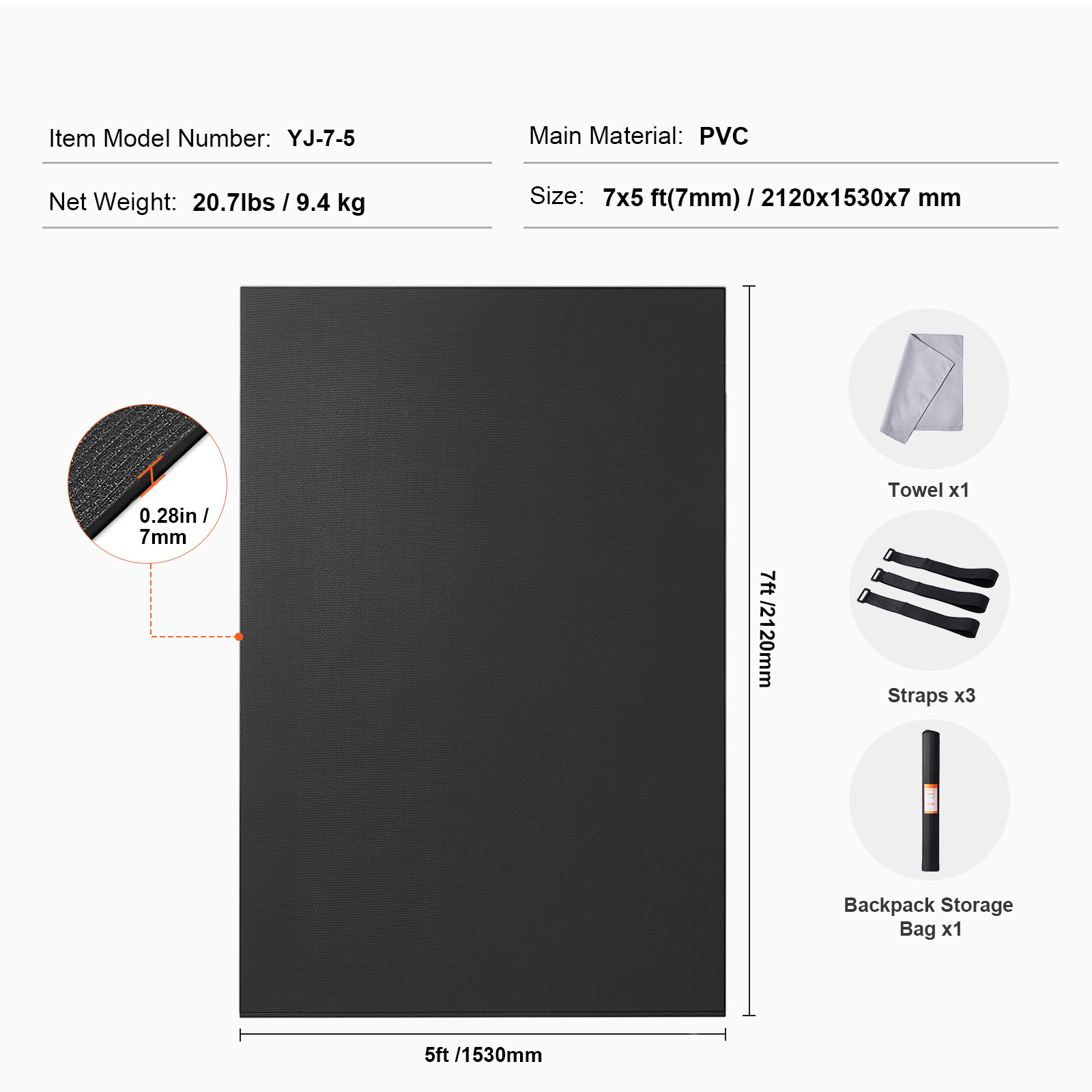 HONGGE Non-Slip Yoga Mat, 7x5 ft PVC Exercise Mat for 1-2 People, Home Gym Workout Mat with Carry Bag