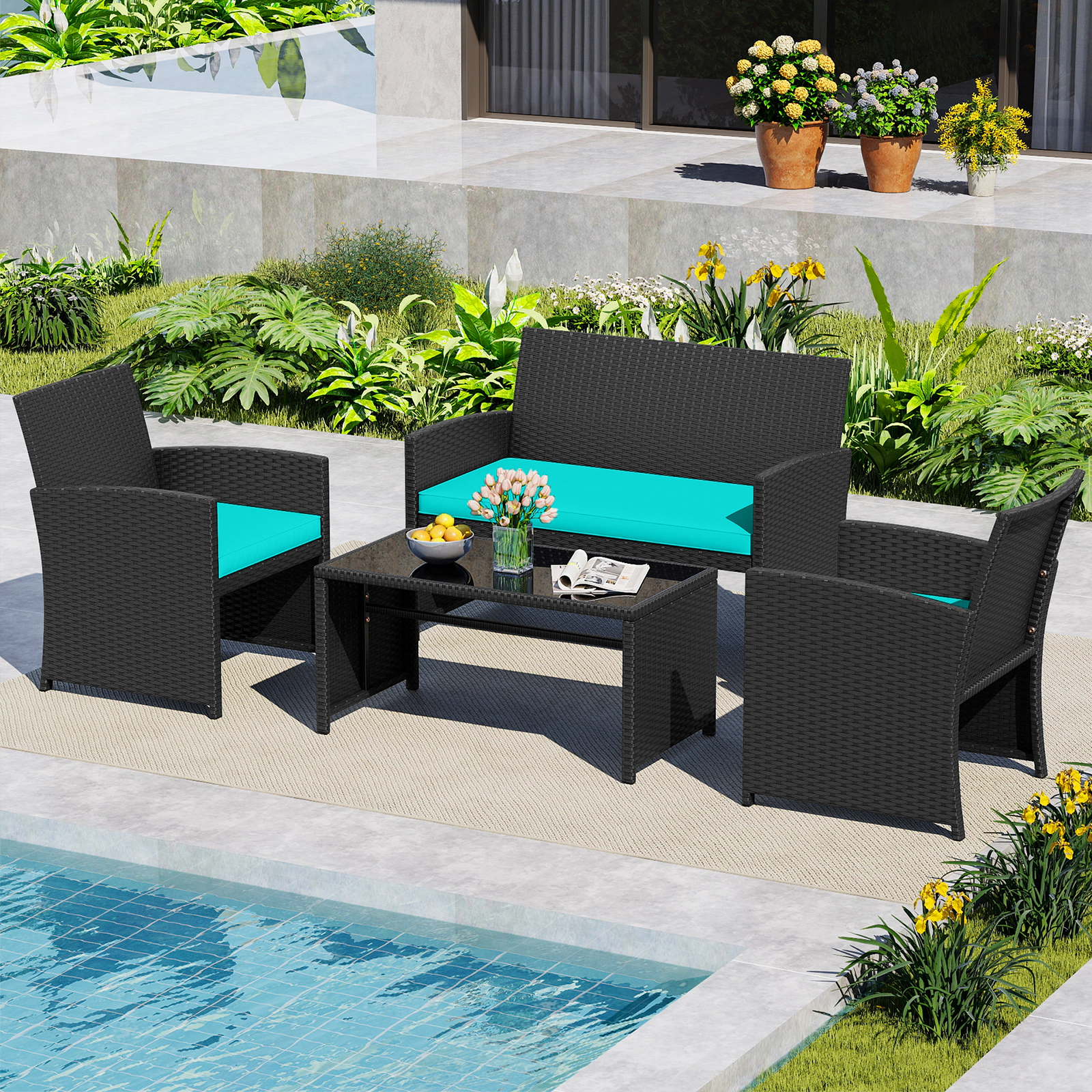 SUGIFT 4-Piece Rattan Patio Conversation Set Tempered Glass Tabletop 400/800-lb Capacity Turquoise Cushions White/Black