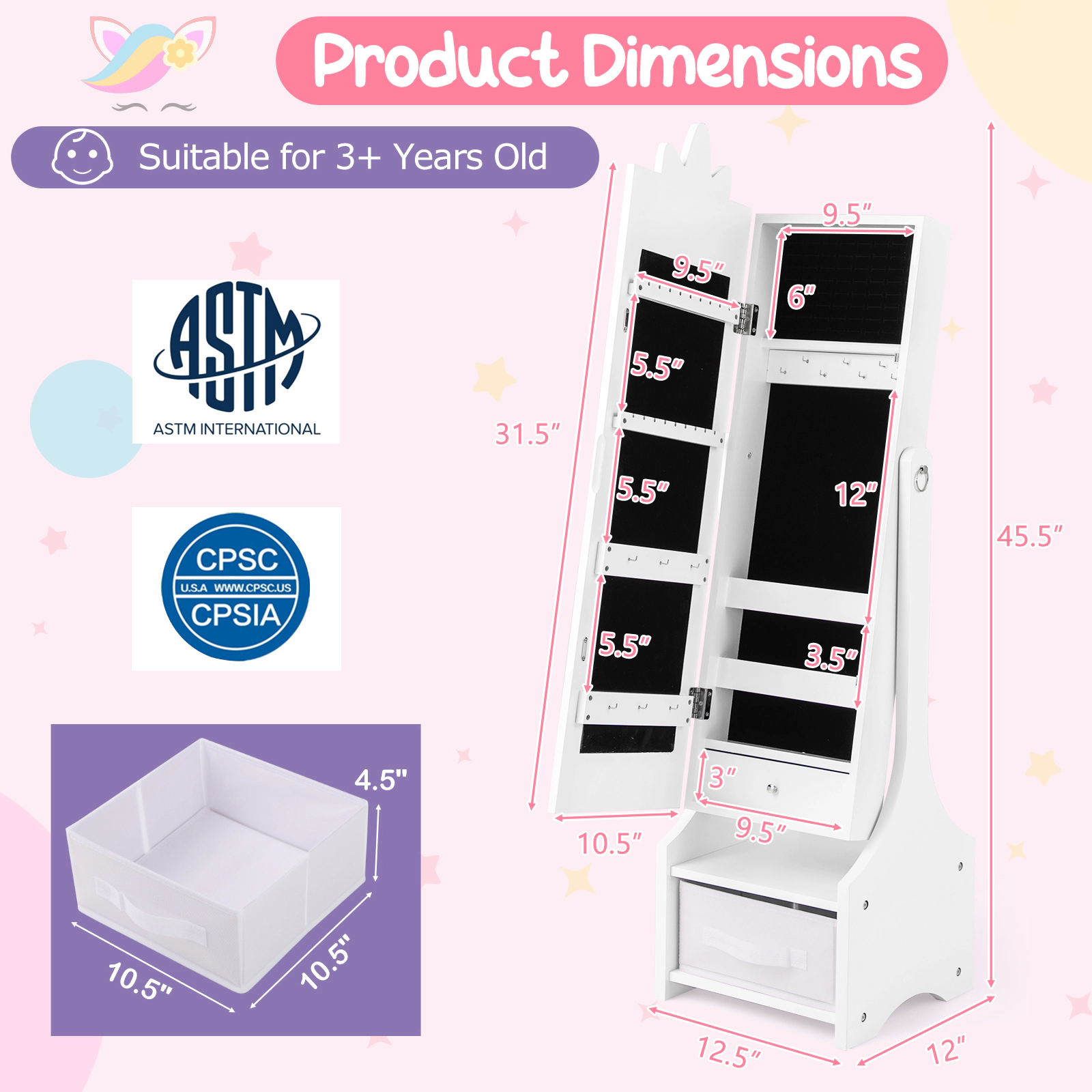 SUGIFT 45.5-in Kids Standing Full-Length Dressing Mirror with 2 Tilt Angles and Hidden Jewelry Cabinet