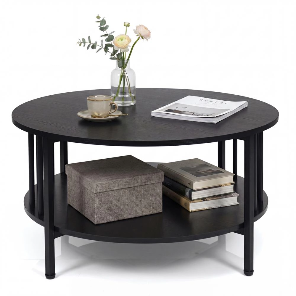 Hivvago 2-Tier Round Coffee Table With Storage Shelf And Metal Accents