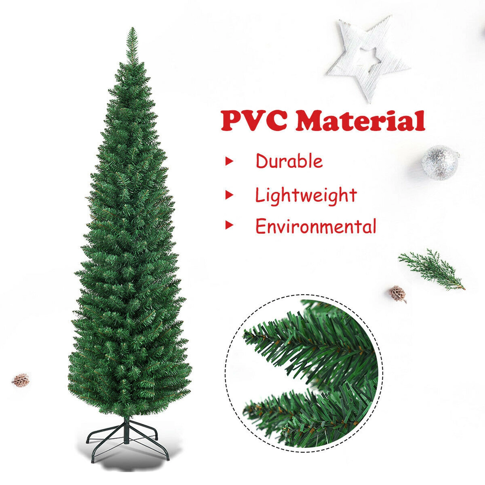 SUGIFT 5-ft Green Slim Pencil Artificial Christmas Tree with 220 PVC Branch Tips and Iron Base for Small Spaces
