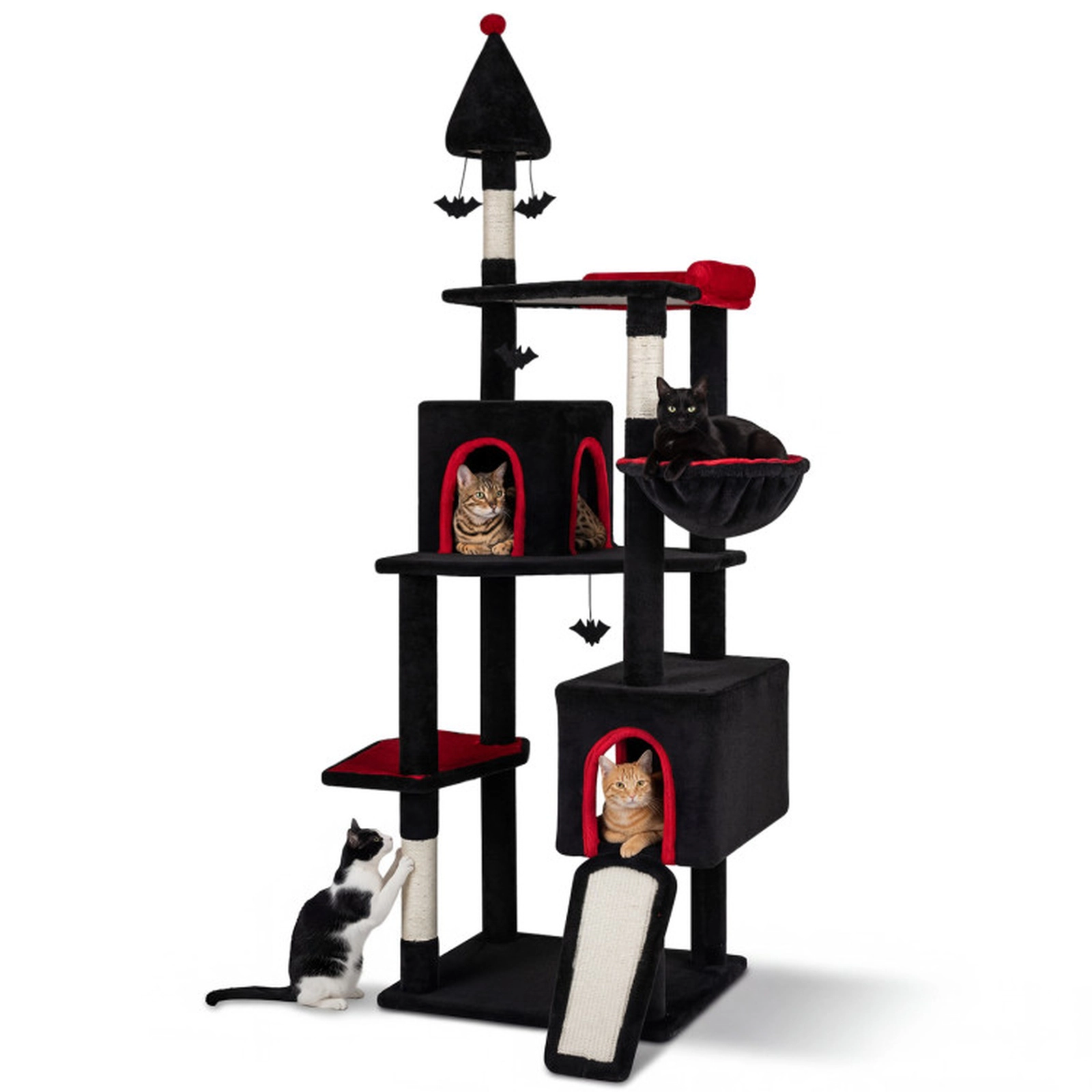 SUGIFT 75-in Gothic Cat Tree with 2 Condos Rotating Basket 2-in-1 Ramp and Padded Top Perch for Large Cats