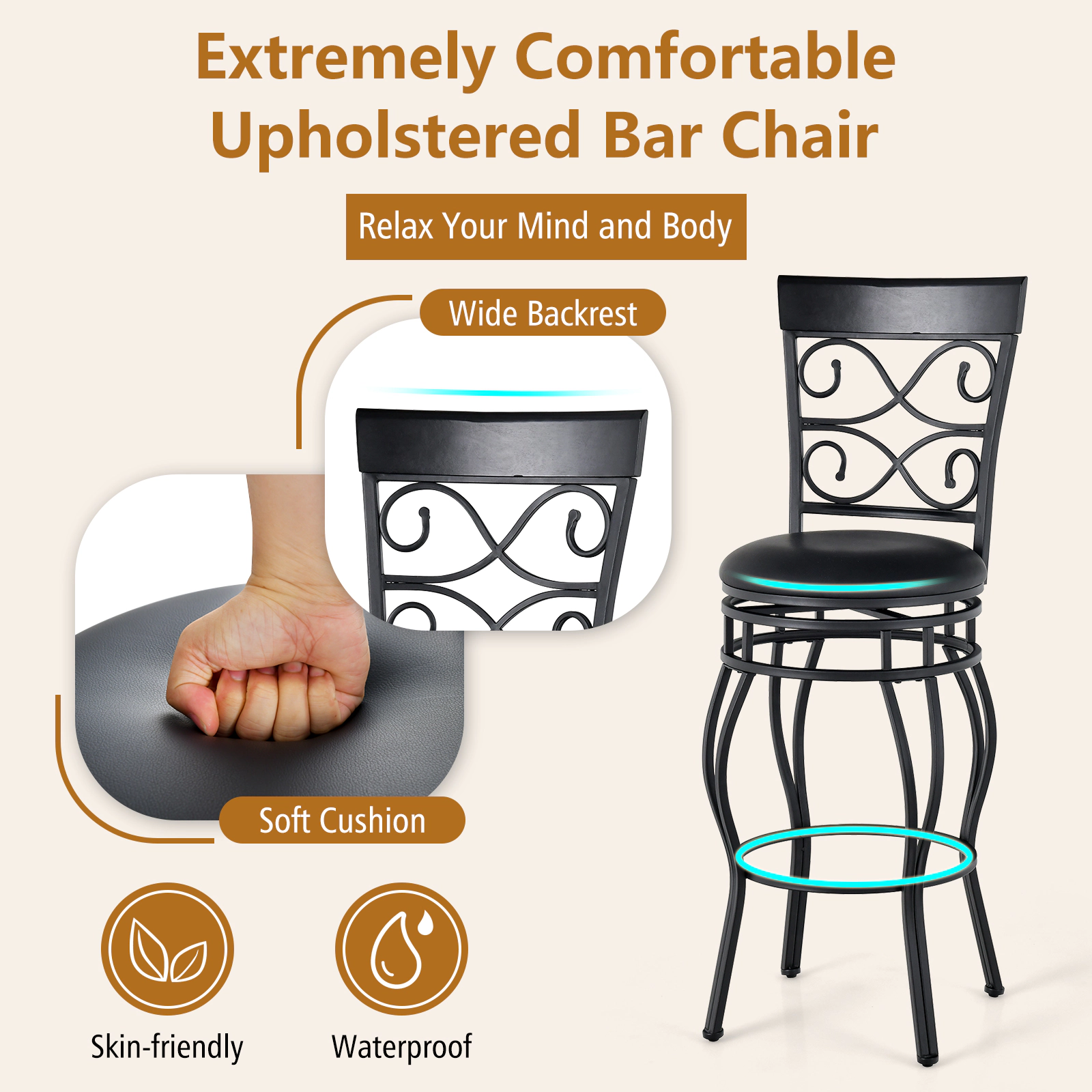 Glintex 2-Piece 30-Inch Swivel Bar Stool Set with Wide Padded Backrest