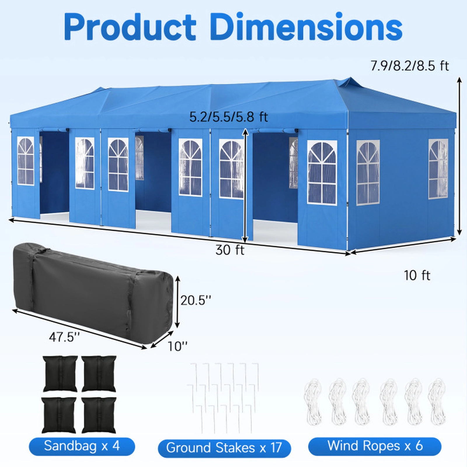 SUGIFT Blue 10-ft by 30-ft 3-Level 210D Oxford Pop Up Canopy Tent with 8 Sidewalls and Church Windows