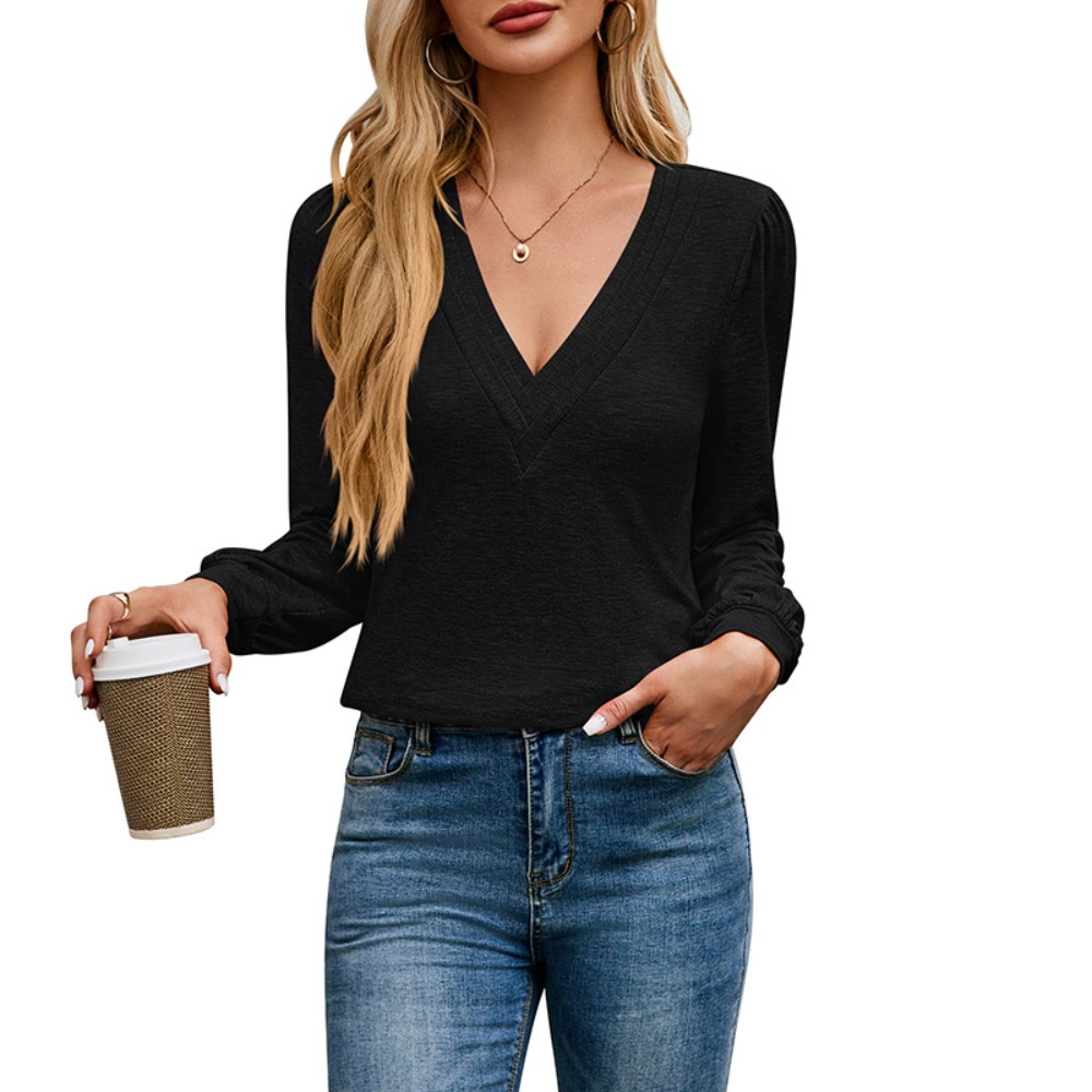 Enchanted Funland Womens V‑Neck Heathered Puff Long Sleeve Blouse Tops