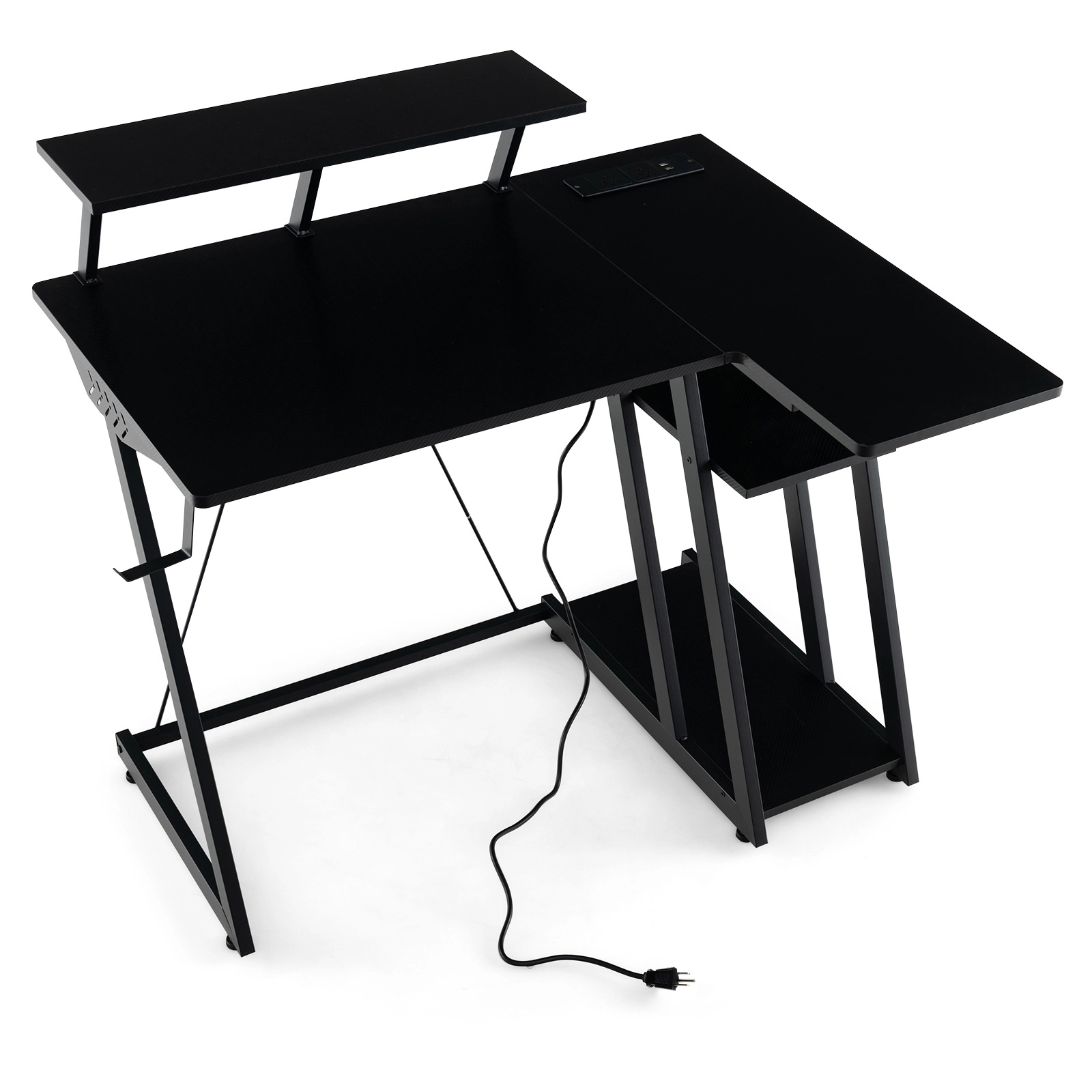 SUGIFT L Shaped Gaming Desk with Monitor Stand, Outlets and USB Ports 200-lb Tabletop Capacity 39-in Wide Black