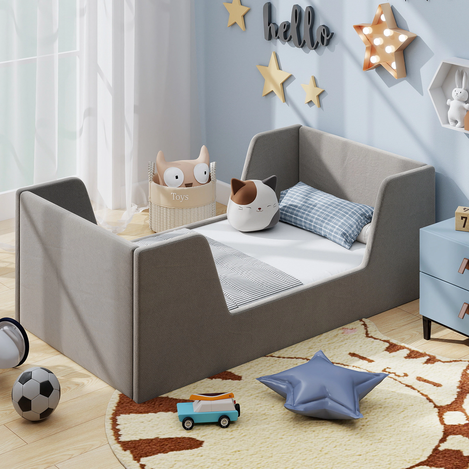 SUGIFT Gray Velvet Upholstered Toddler Bed Frame, Low Platform Bed, 55.5 x 31 x 19.5 in