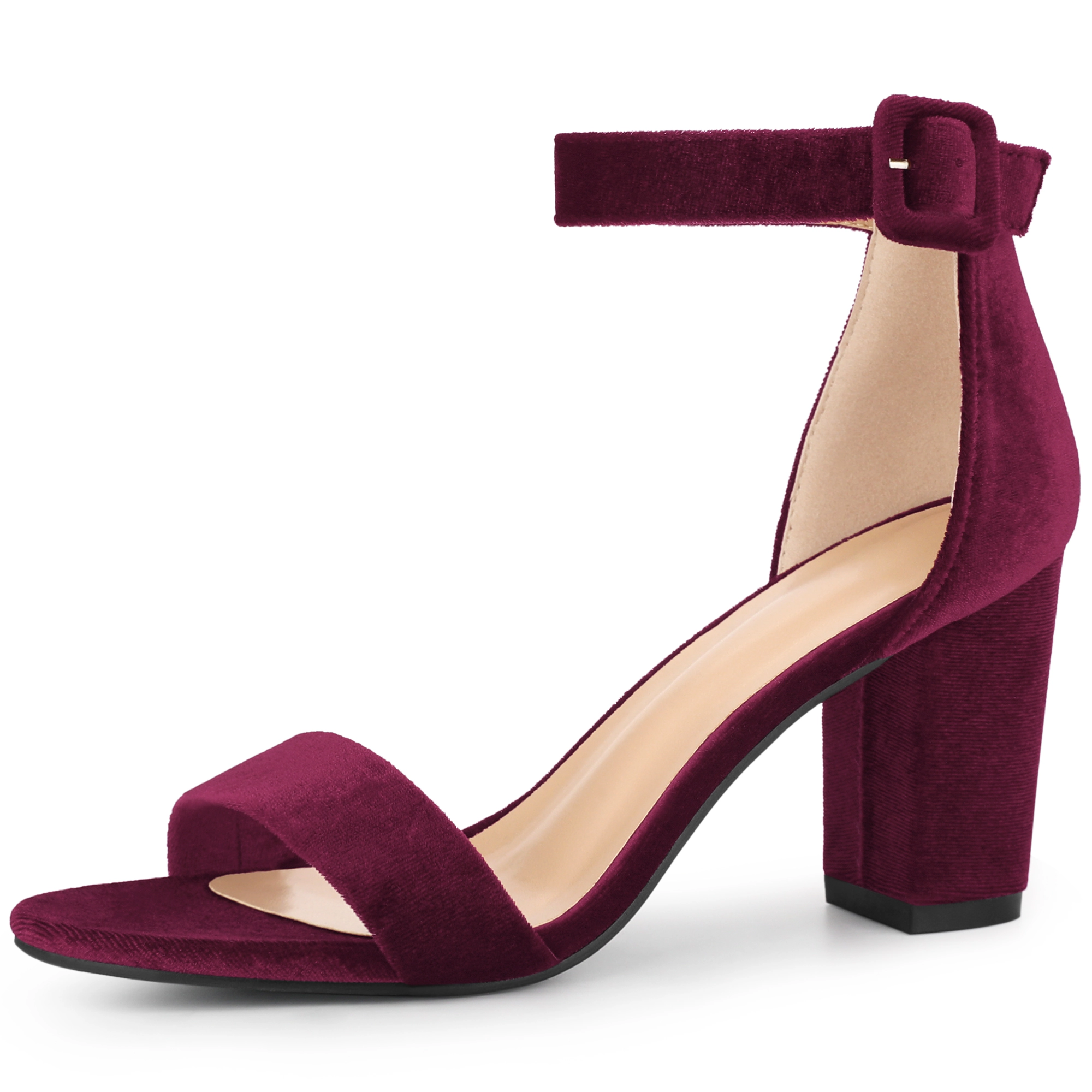 BLISSFUL STEP Women's Chunky Heel Velvet Open Toe Sandals