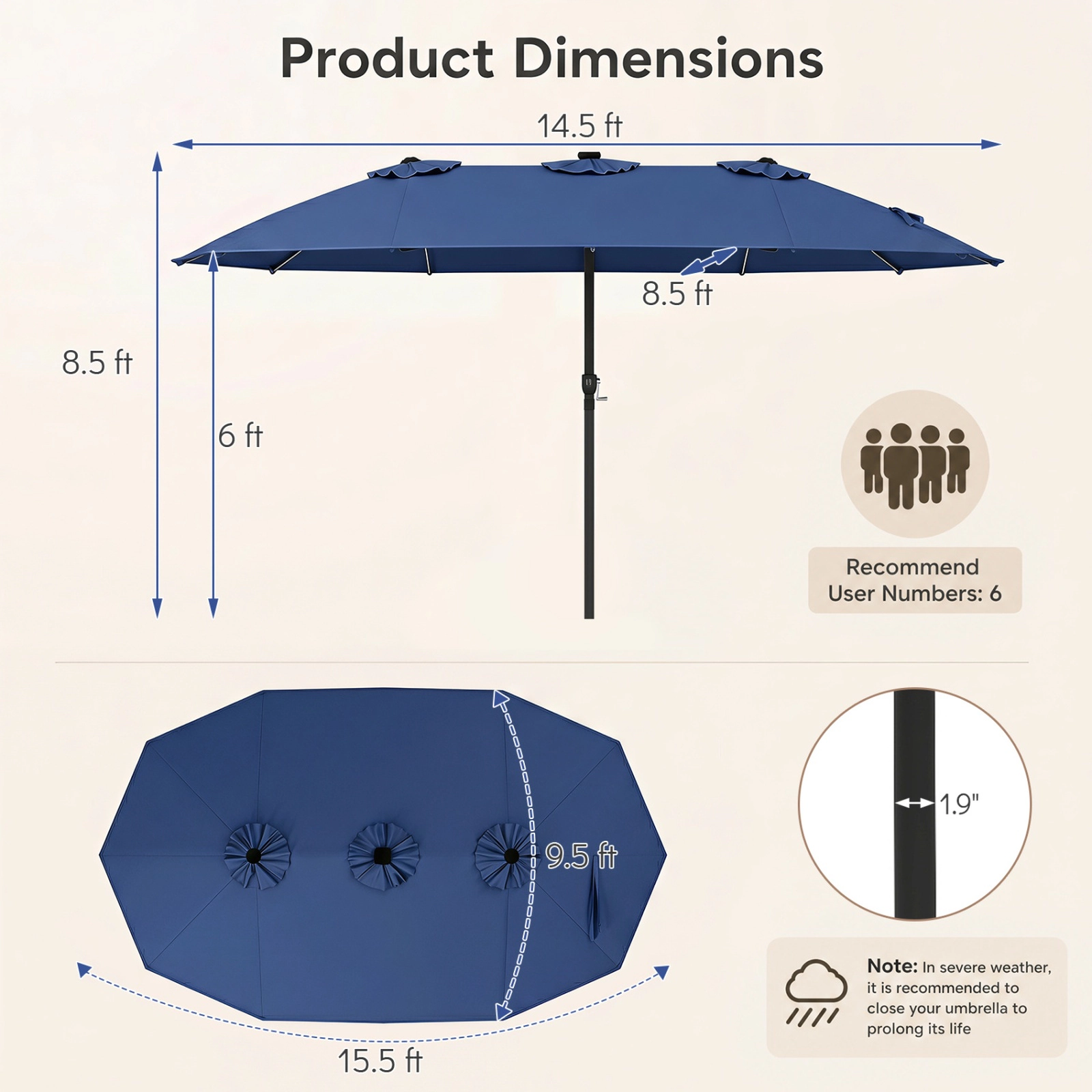 SUGIFT 15.5-ft Navy Extra-Large Rectangular Patio Umbrella with 144 Solar LED Beads and 12 Light Modes