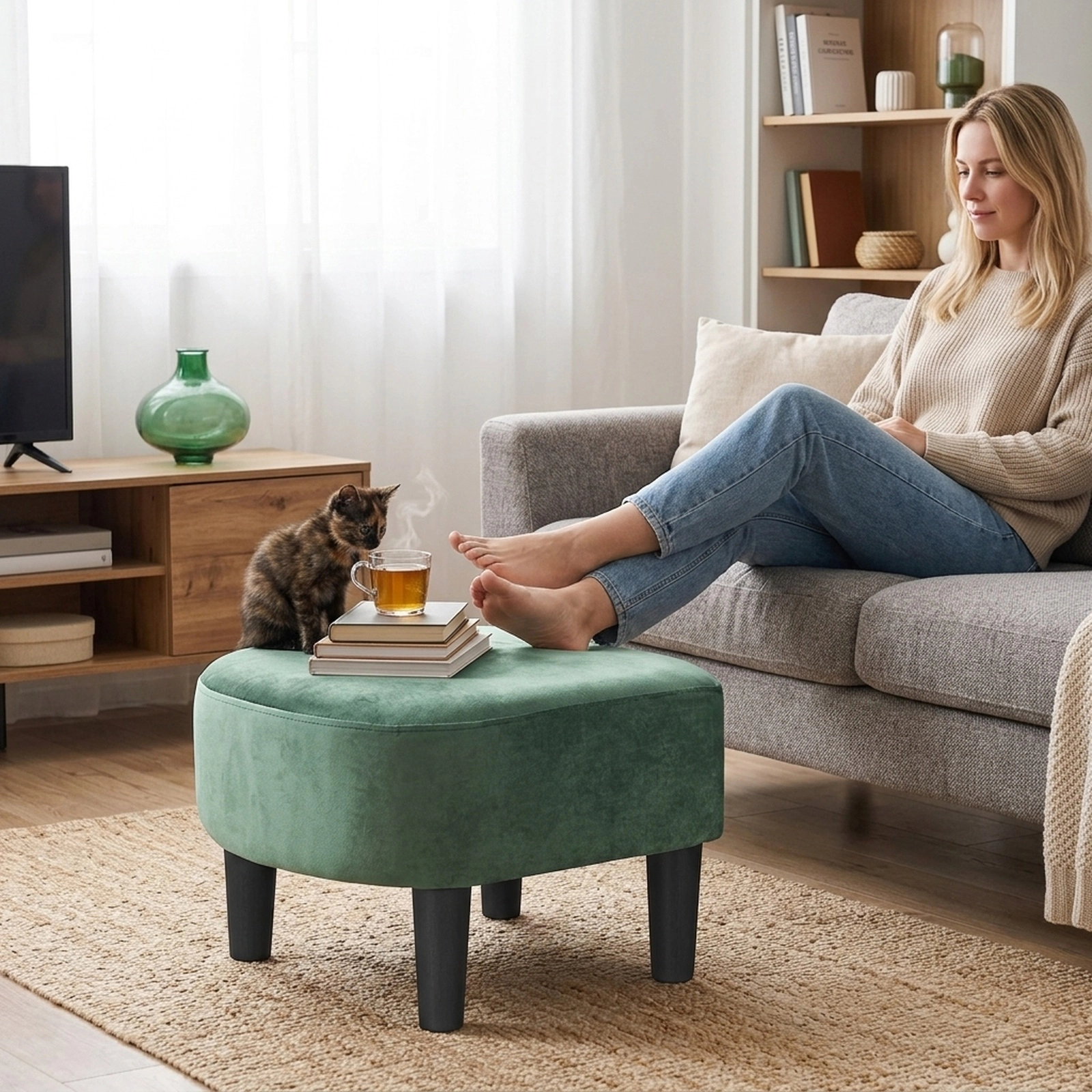 SUGIFT Green Teddy Velvet Barrel Chair with Ottoman, Removable Washable Cover, 350 lb Capacity