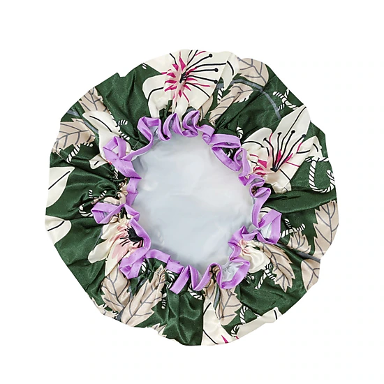 Wrapables Reusable Women's Waterproof Shower Caps for Long Hair, Lilies Green