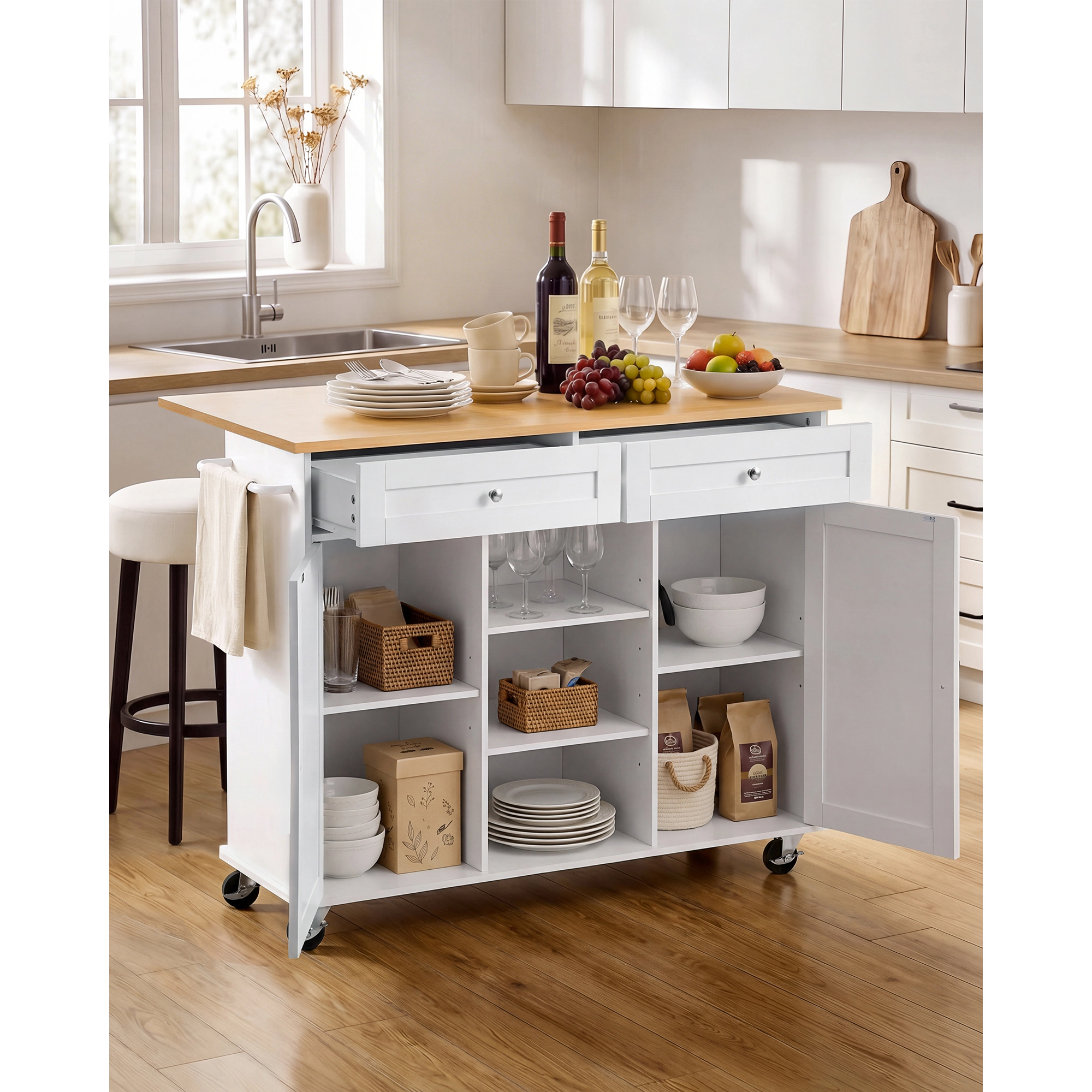 HONGGE Kitchen Island Cart with Storage Mobile Rolling Storage Island on Swivel Wheels with 2 Drawers Storage Cabinet