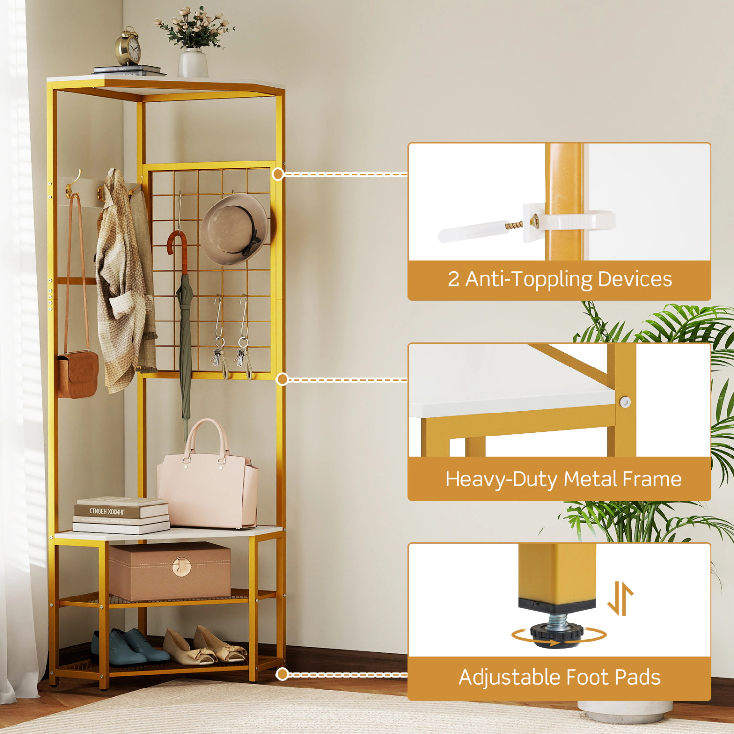Glintex Corner Hall Tree with 3 Coat Hooks 4 S-Hooks and Adjustable Foot Pads