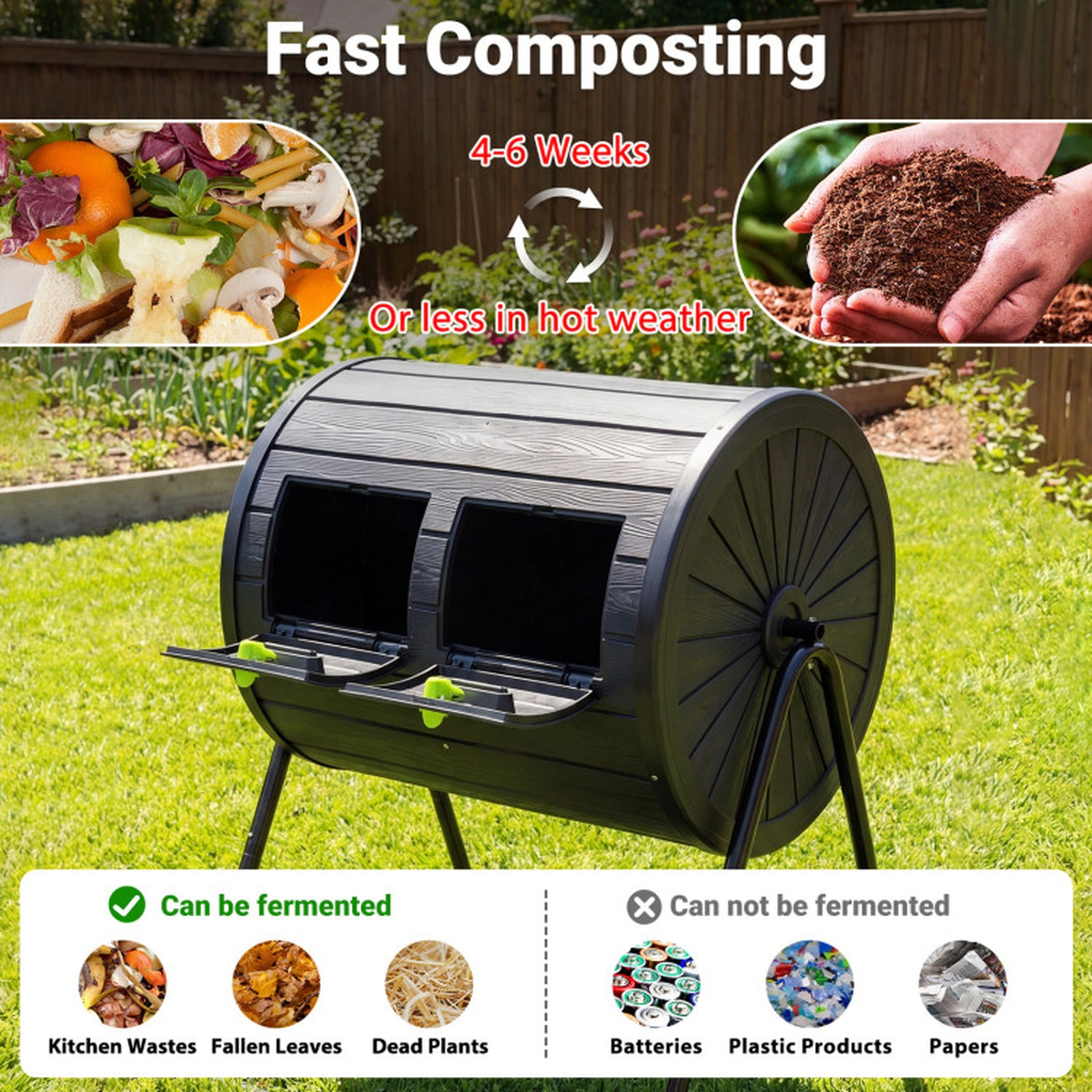 SUGIFT 37.5-gal Black Dual Chamber Outdoor Composter Tumbler with 2 Lockable Doors and Wood Grain