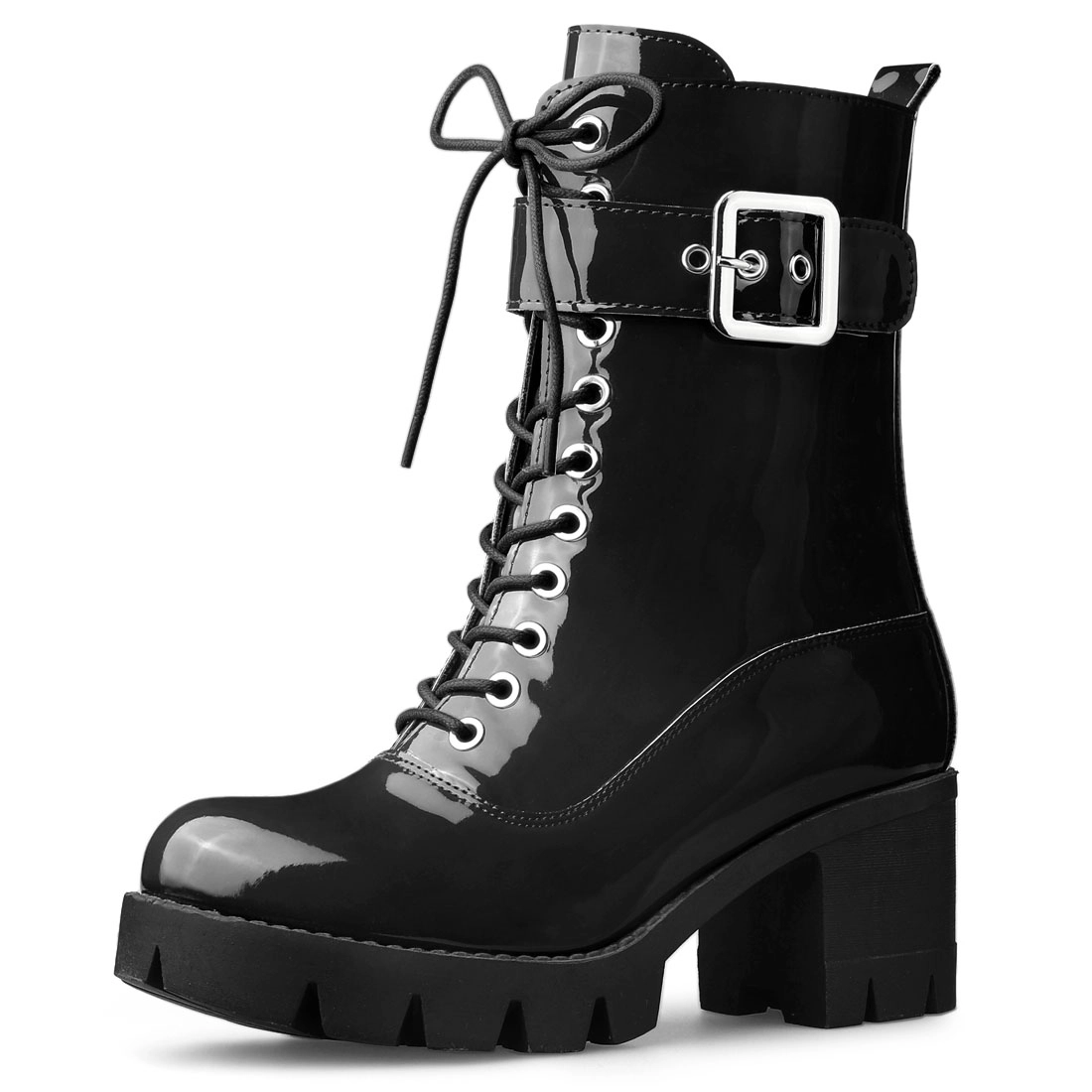 BLISSFUL STEP Women's Zip Platform Chunky Heel Combat Boots