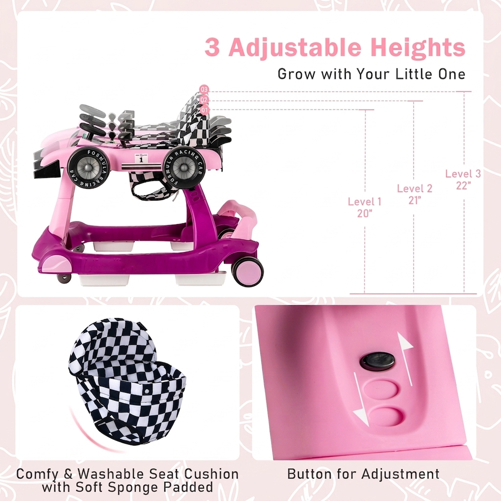 SUGIFT 4-in-1 Foldable Activity Push Walker Adjustable Height 25-lb Capacity Ages 6-18 Months 29-in Frame Purple