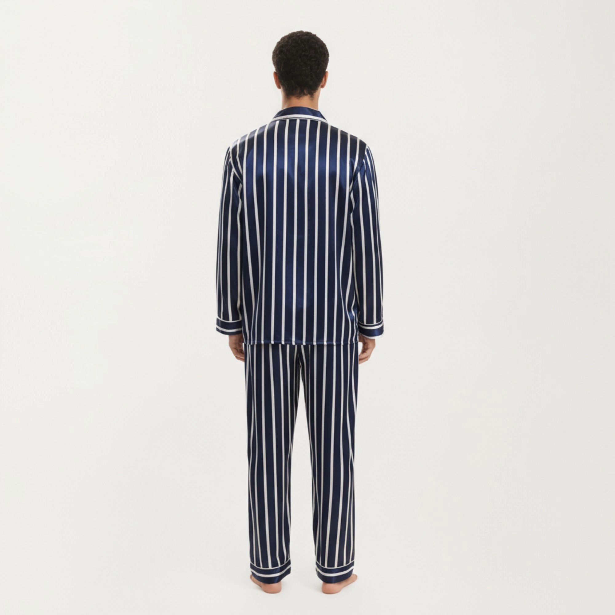 Anna-Kaci Men's 2-Piece Satin Pajamas with Vertical Stripe Pattern and Button Up Top