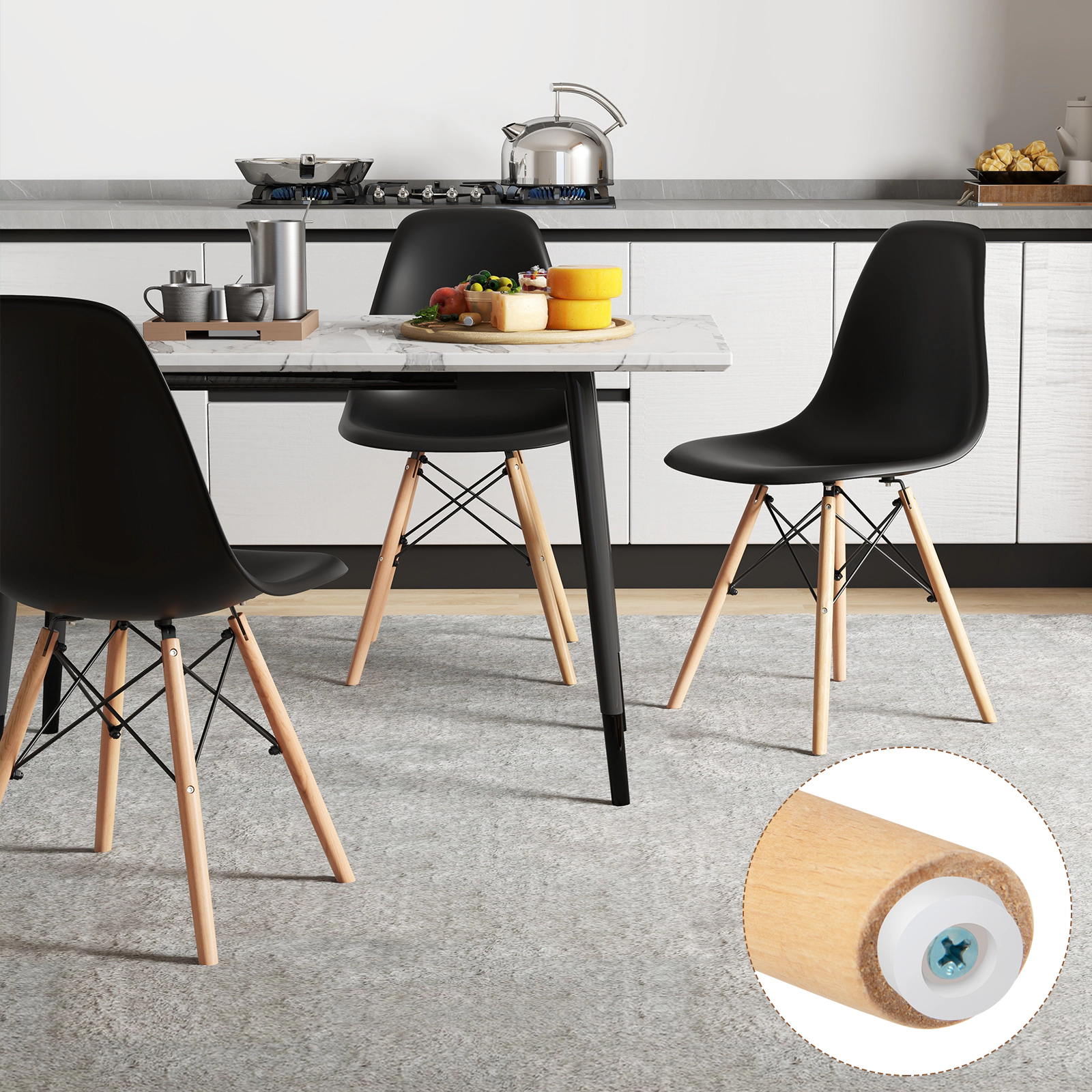 SUGIFT Beech Wood Legs Set of 4 Modern Armless Dining Chairs Molded Plastic Seats