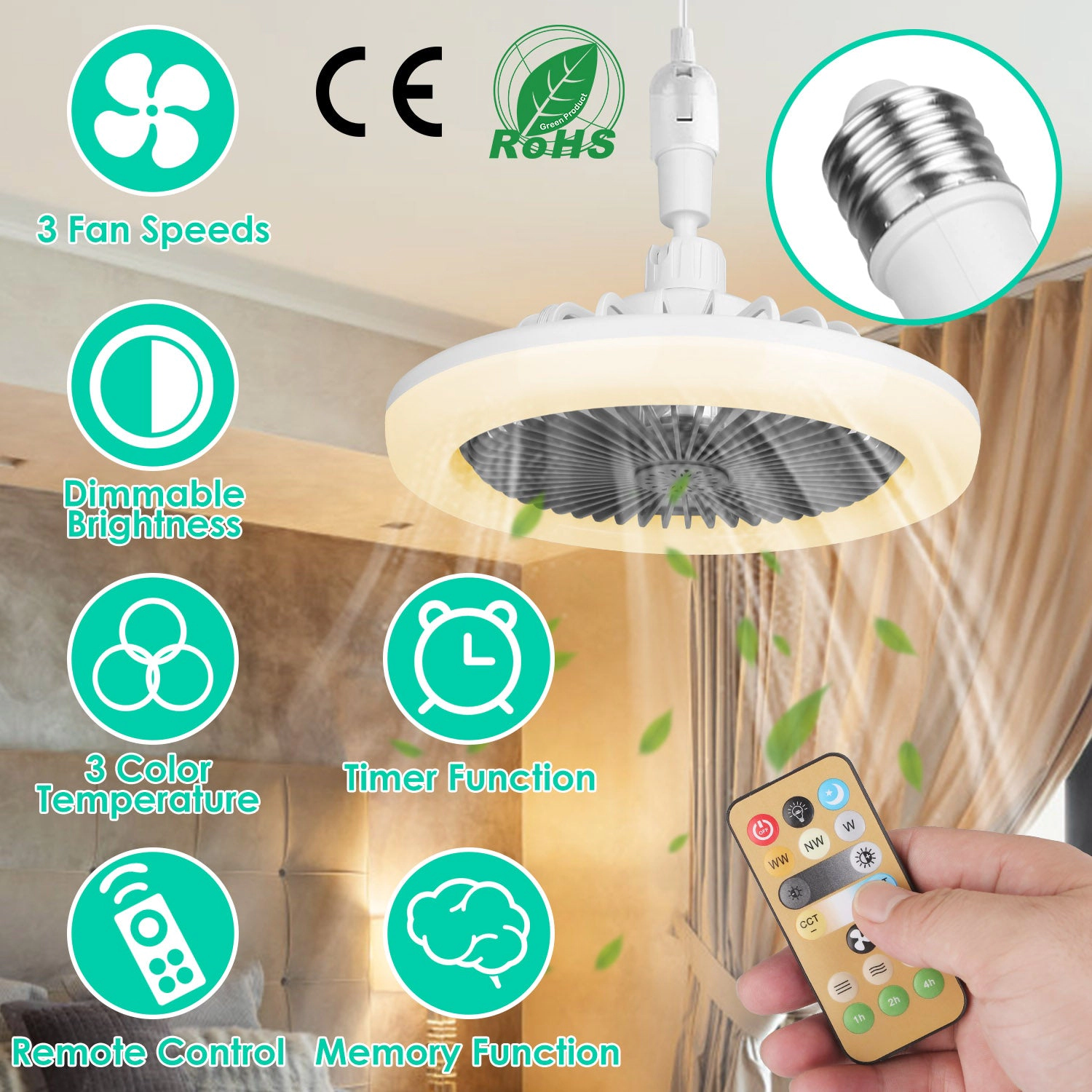 GBruno Dimmable Socket Ceiling Fan With Remote