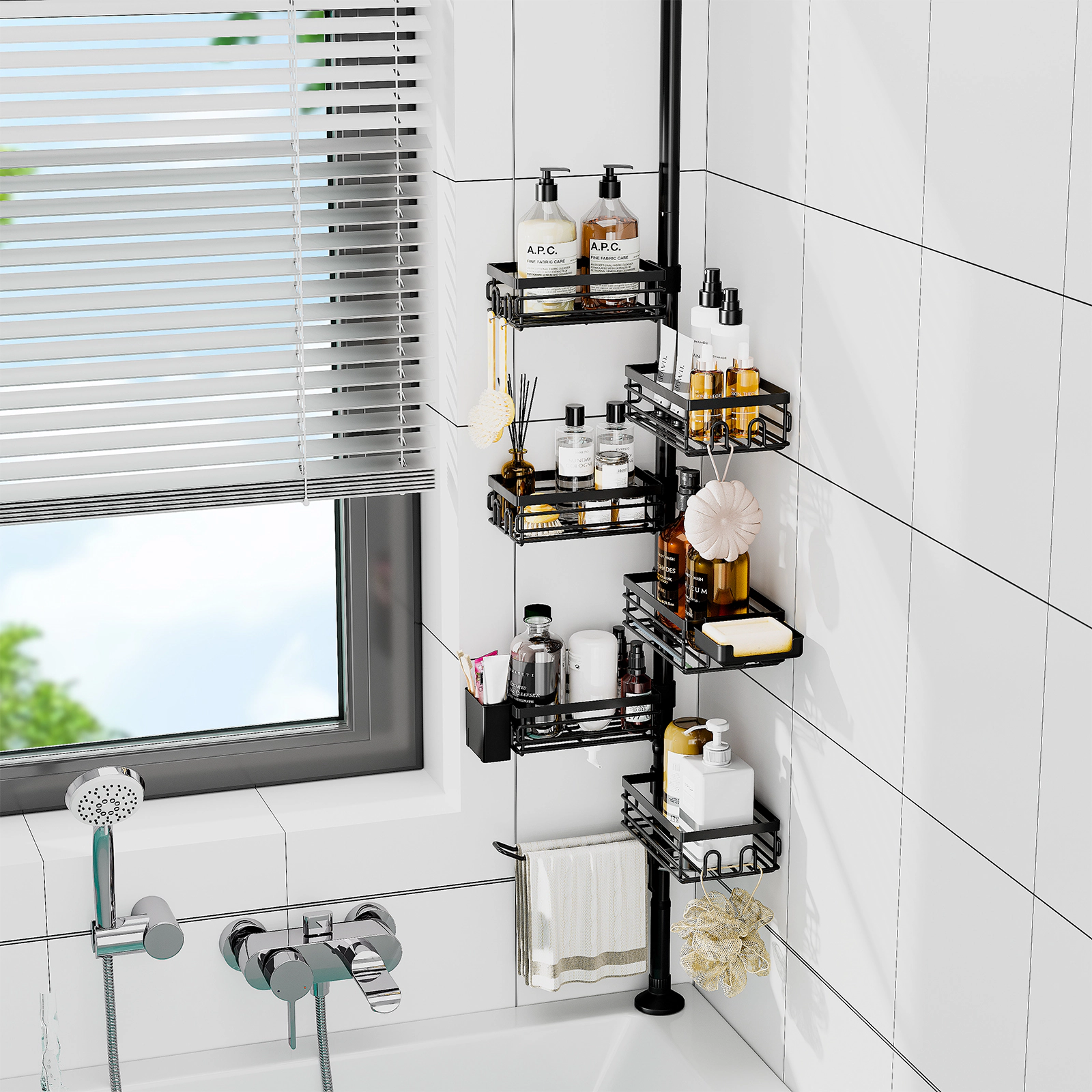 Utopia Alley 109-Inch Adjustable Tension Pole Shower Caddy Corner Organizer, 6‑Tier Shower Rack & No‑Drill, Matte Black