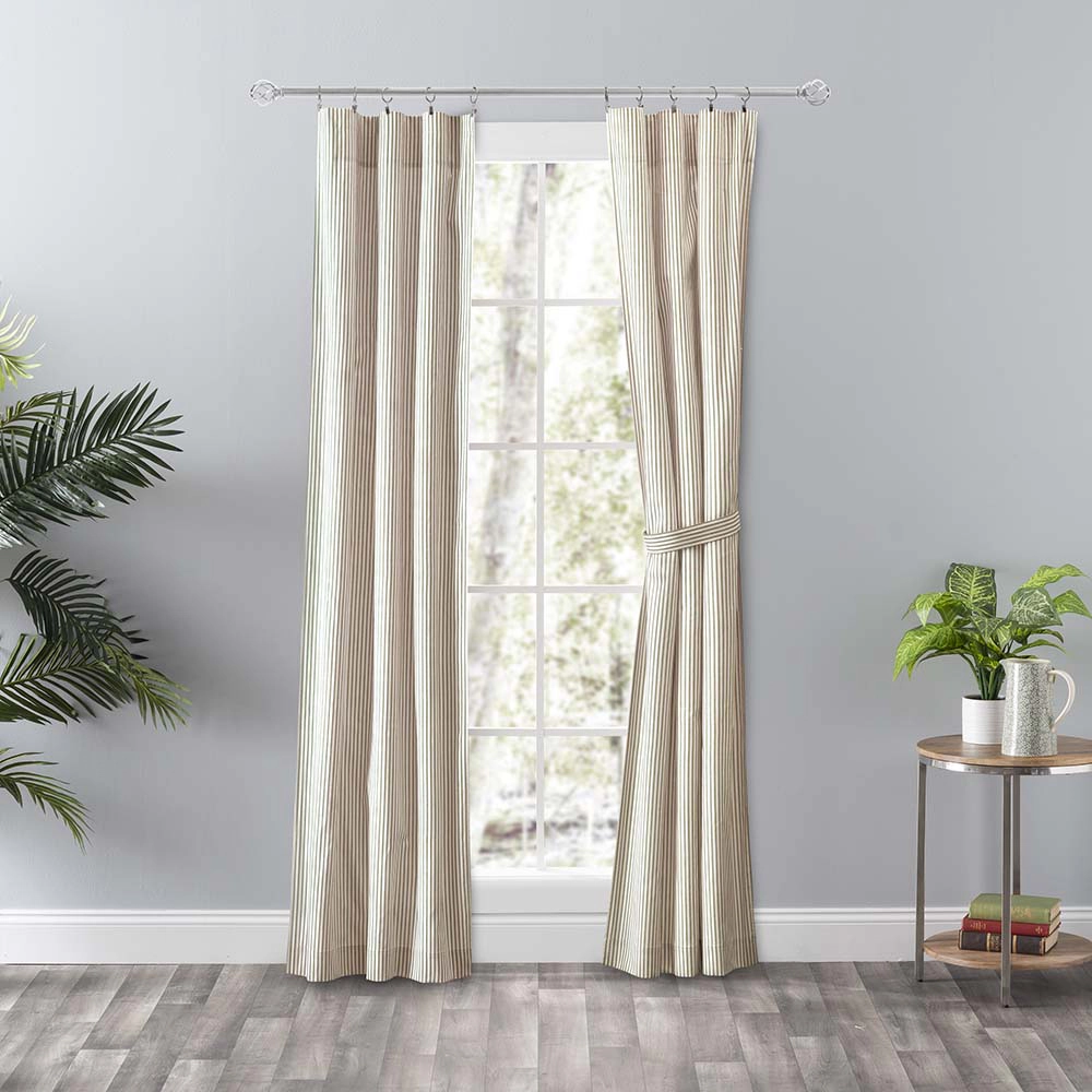 Ellis Curtain Plaza Classic Ticking Stripe Printed 3" Rod Pocket Tailored Panel Pair with Tiebacks 56" x 84" Tan