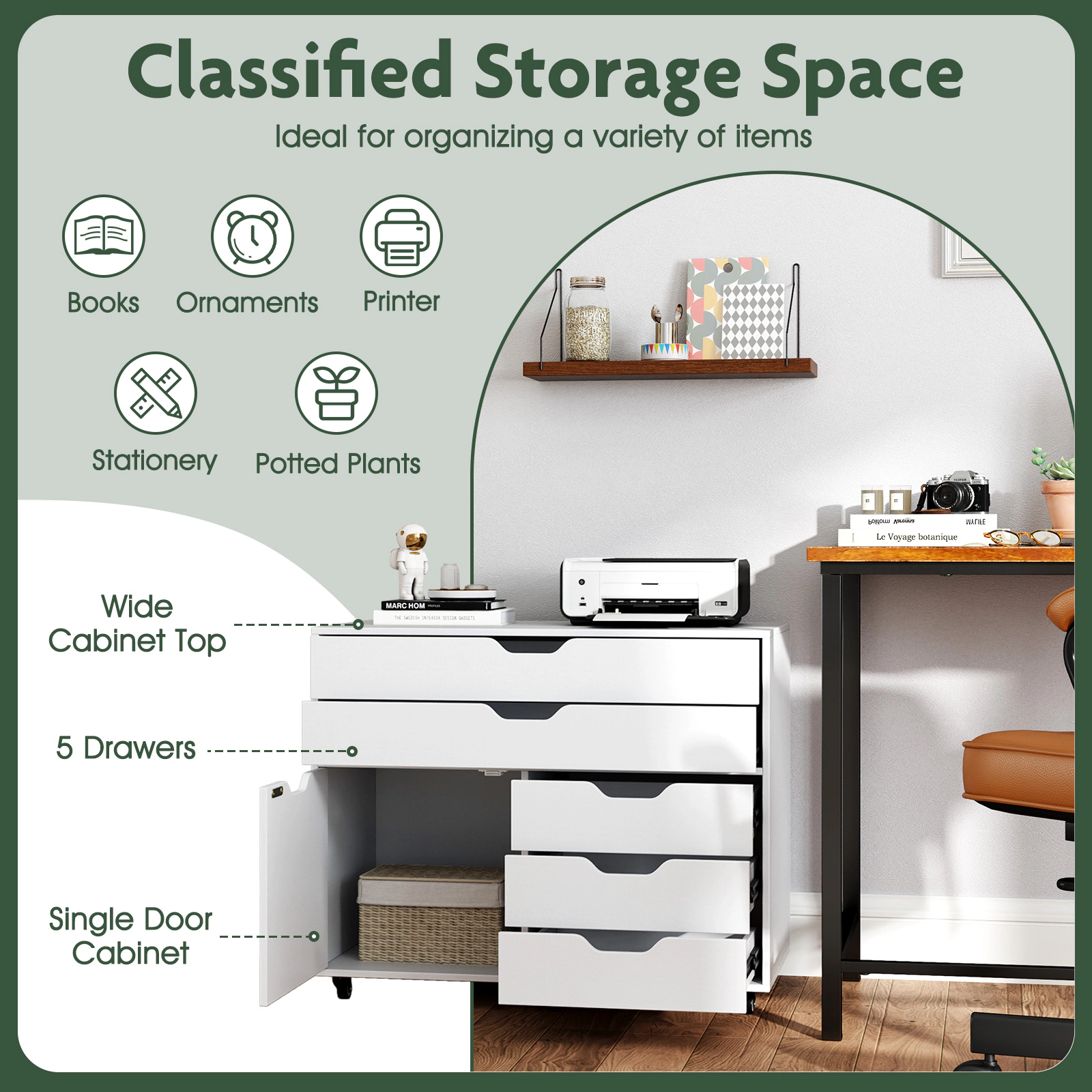 SUGIFT White 30-in 220-lb Capacity 5-Drawer Mobile Rolling Storage Chest with Door and 5 Casters