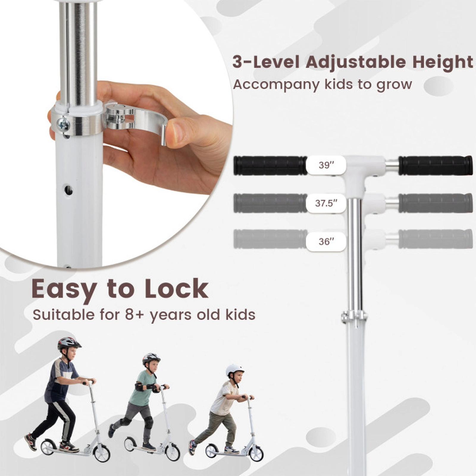 SUGIFT White Folding Kick Scooter, 220 lb Capacity, 8 in PU Wheels, Adjustable 3-Height Handlebar