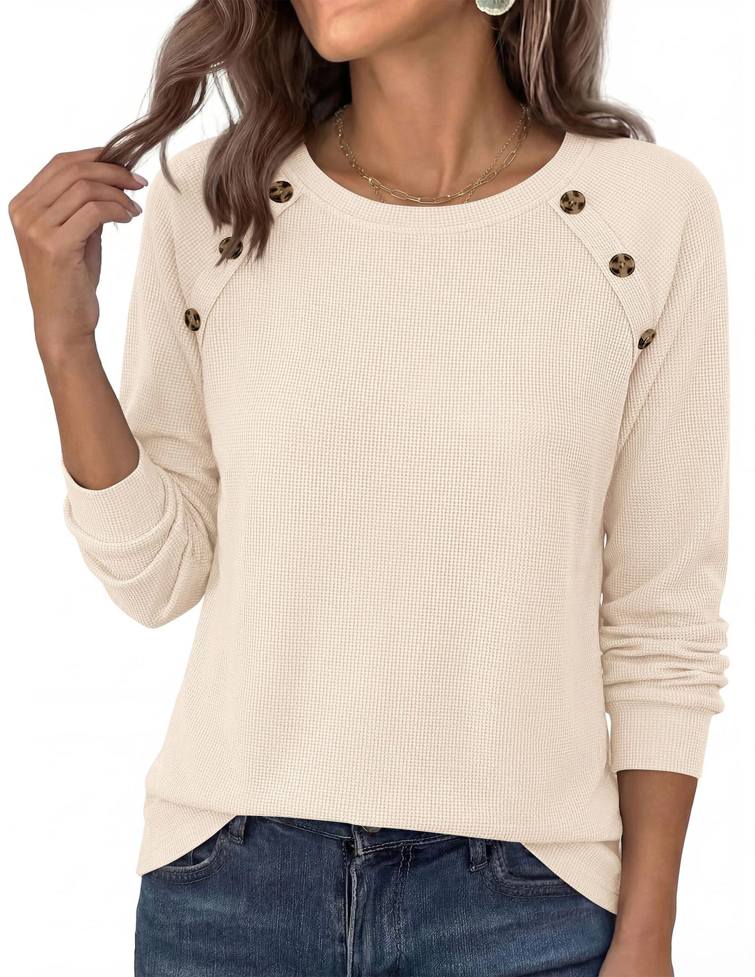 Women's Waffle Knit Long Sleeve Shirts Casual Fall Basic Tops