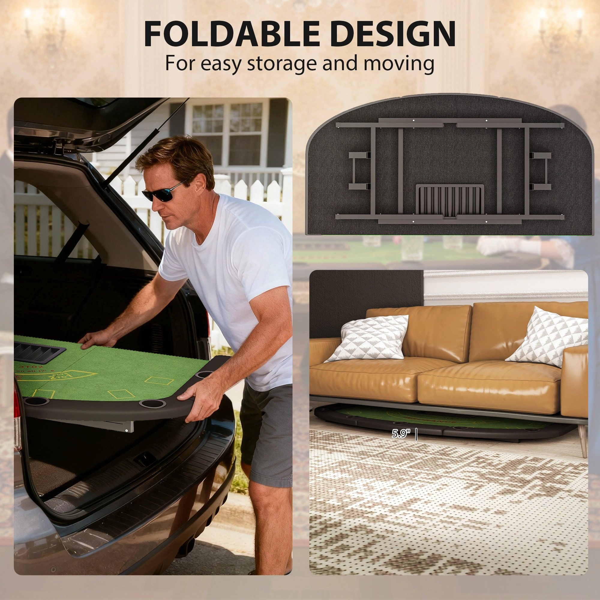 HONGGE Poker Table Foldable, 72" Portable Casino Blackjack Table for 8 Players with Felt Surface, Cup Holders
