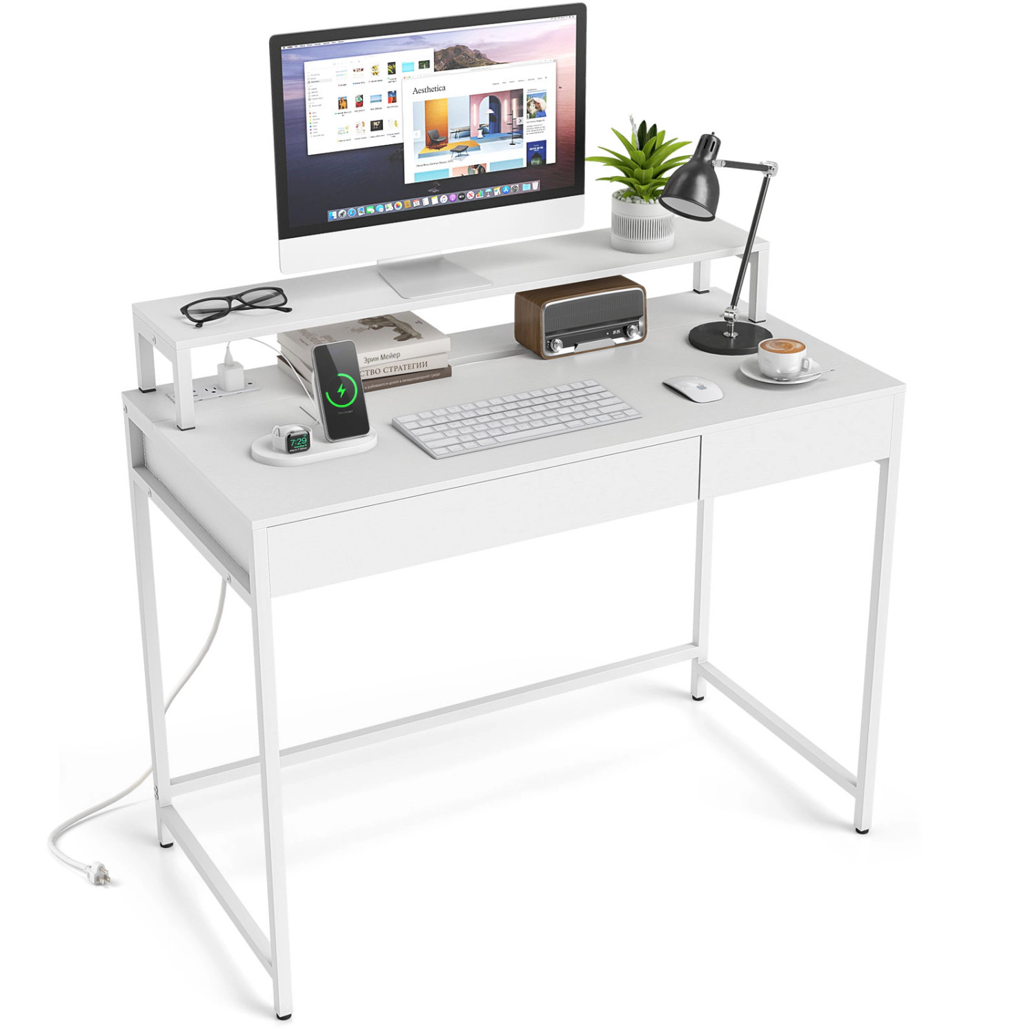 LJG Compact Office Desk with Removable Monitor Shelf and Dual-Use Drawer