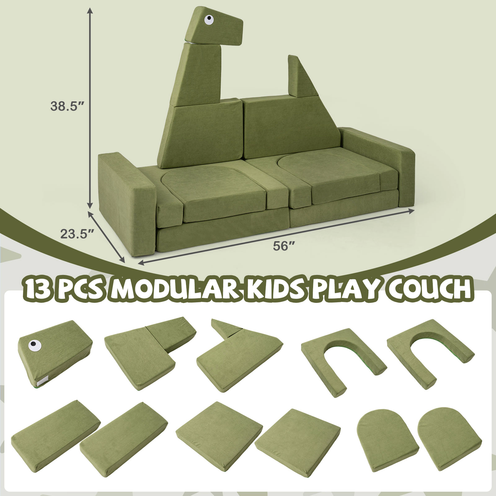 SUGIFT 13-Piece Modular Kids Play Couch with High-Density Foam 56-in Wide Ages 3+ Dinosaur Velvet Fabric