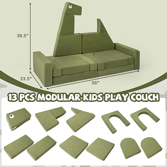 SUGIFT 13-Piece Modular Kids Play Couch with High-Density Foam 56-in Wide Ages 3+ Dinosaur Velvet Fabric