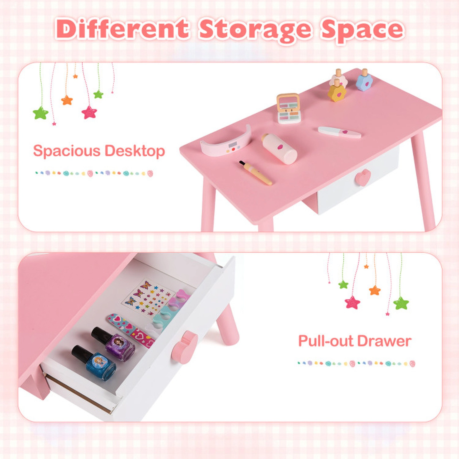 SUGIFT Pink Wooden Table Chair and Stool Kids Pretend Nail Salon Playset