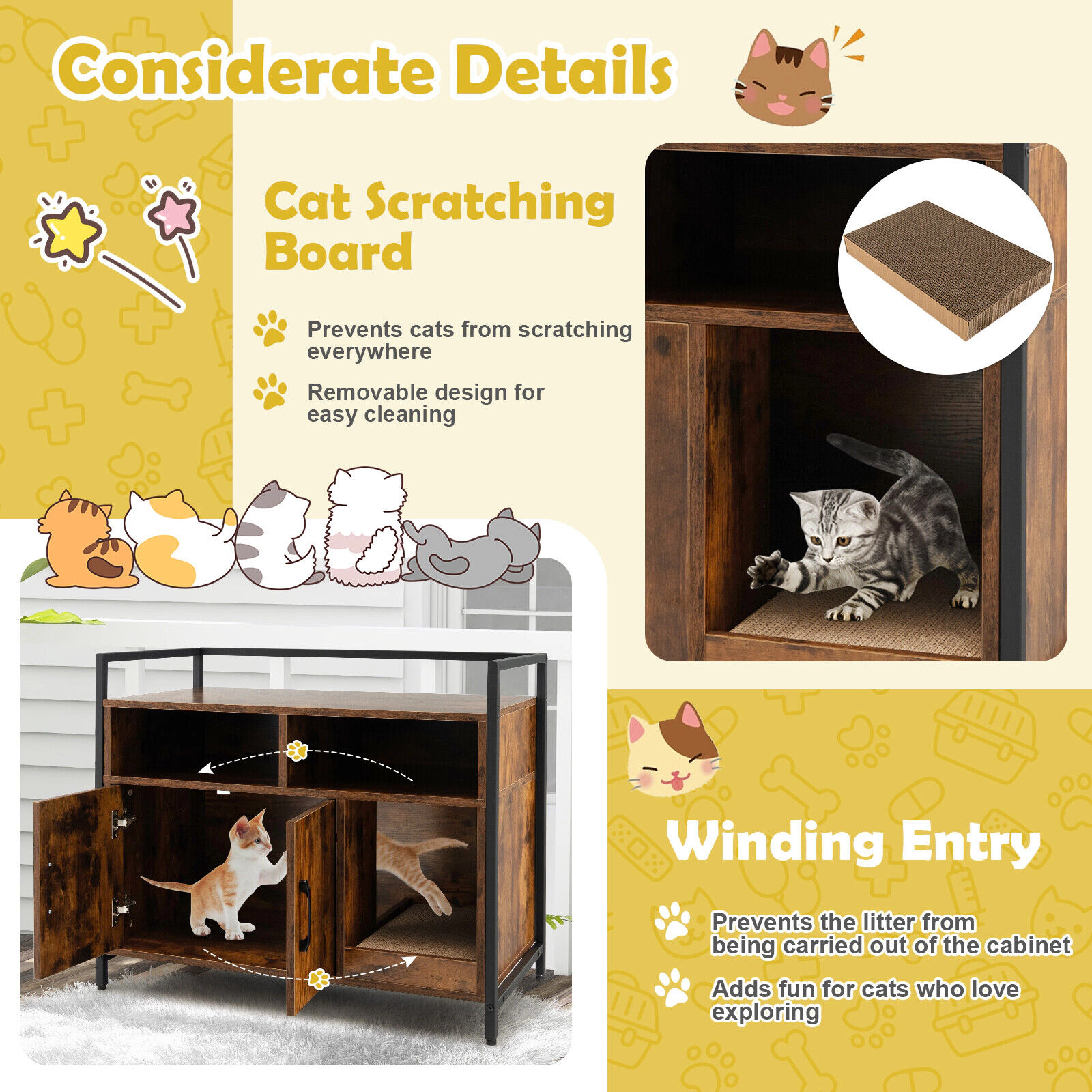 SUGIFT Hidden Cat Washroom Cabinet with Double Doors and Scratch Cardboard 110-lb Tabletop Capacity Coffee
