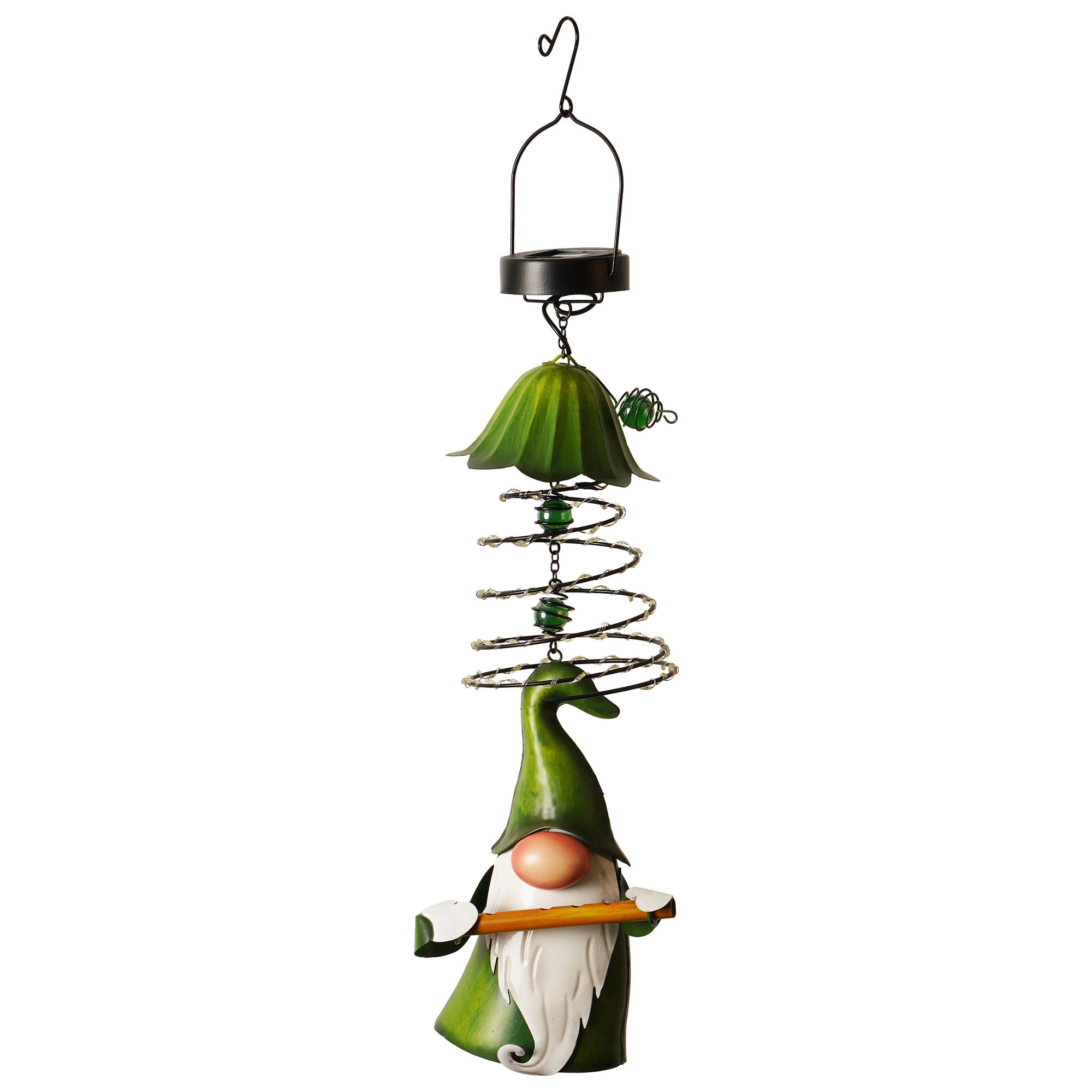 G128 Solar Hanging Gnome 26in, Green Hat, Color-Changing LEDs