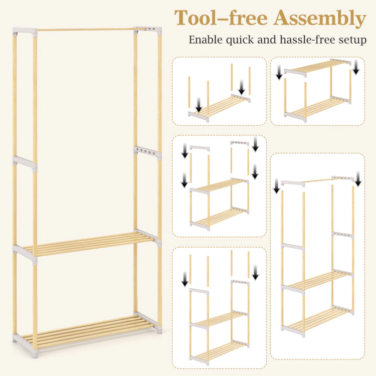 Hivvago Pine Wood Clothes Rack with 2-Tier Open Storage Shelf for Hanging Clothes