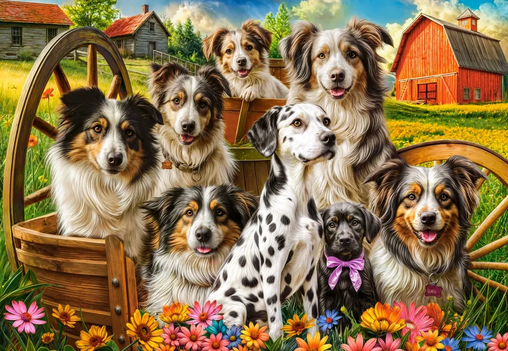 CASTORLAND 1000 Piece Jigsaw Puzzles, Happy Dogs In The Countryside, Pups in the Meadow, Rustic puzzle, C-105410-2