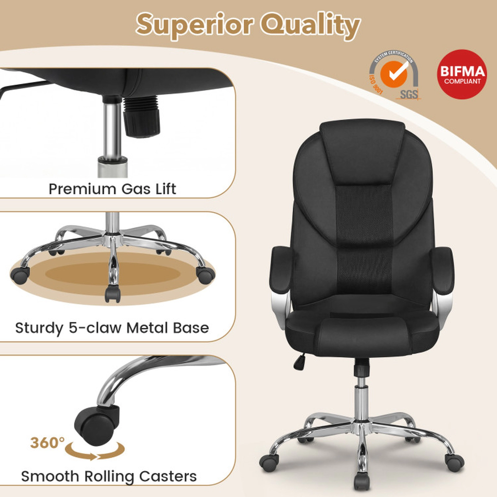 SUGIFT 300-lb Capacity Black PU Leather and Mesh Ergonomic Executive Desk Chair with Rocking Backrest