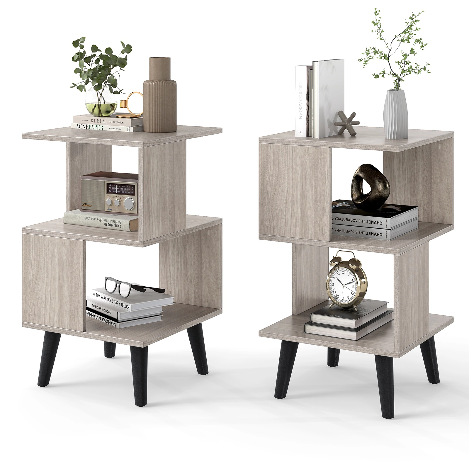 Glintex 2-Piece 3-Tier Geometric Side Table Set with Elevated Legs, Gray
