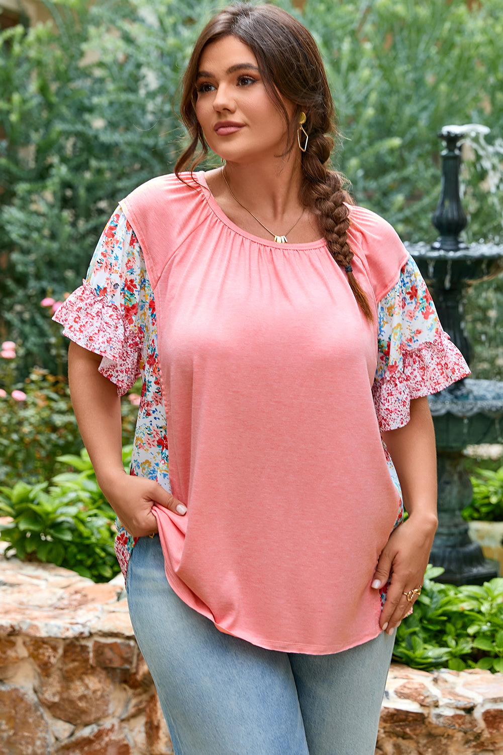 Threaded Pear Women's Lacey Ruffled Short Sleeve PLUS Blouse