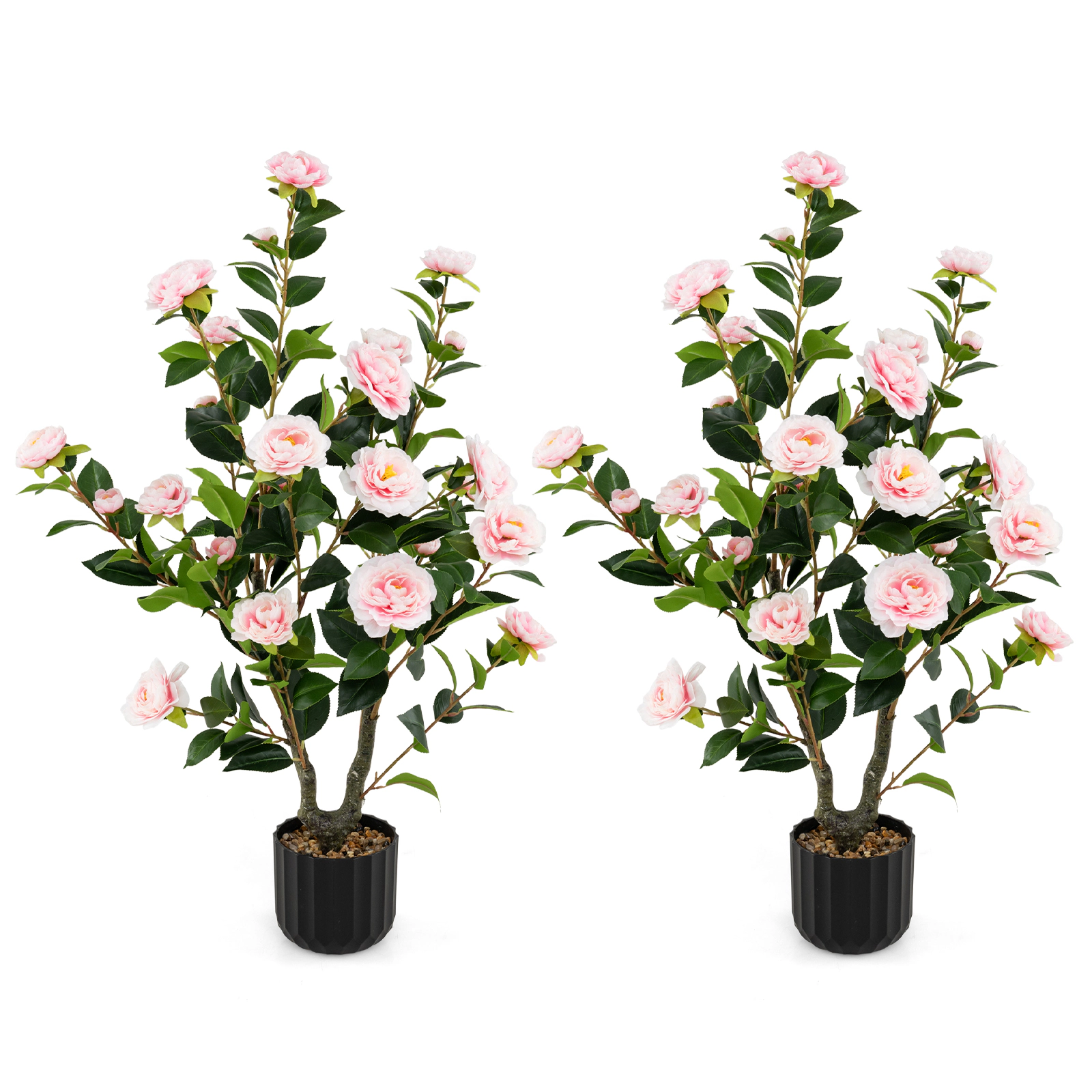 SlickBlue 2 Pieces Artificial Camellia Trees with 24 Flowers Pots for Indoor and Outdoor Decor