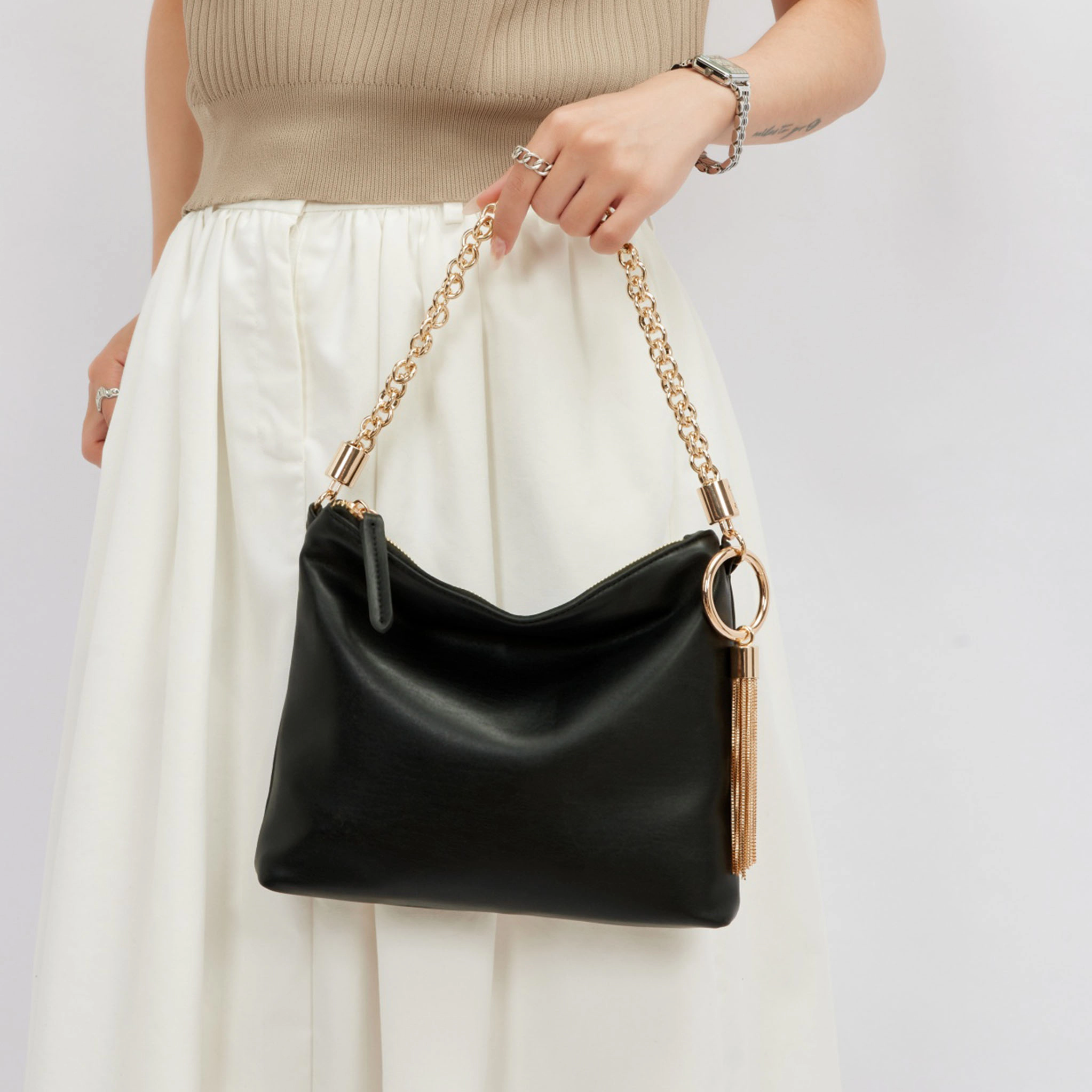 MKF Collection by Mia K Faux Leather Shoulder Bag with Gold Chain and Tassel