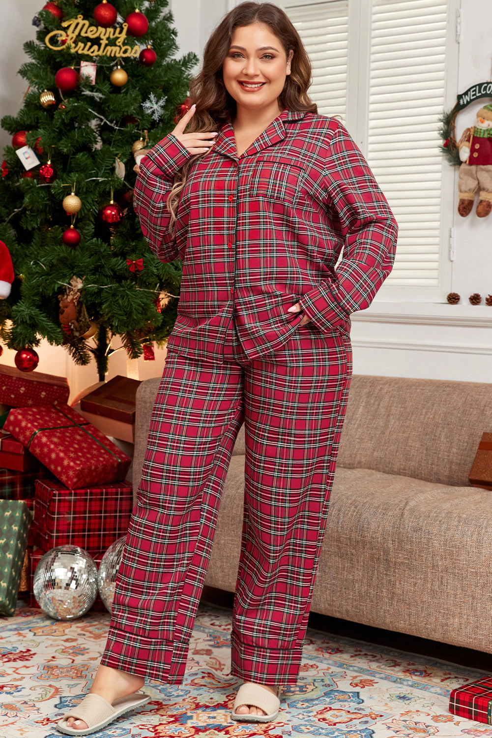 Sol Living Womens Plaid Printed Shirt and Pants Plus Size Lounge Set
