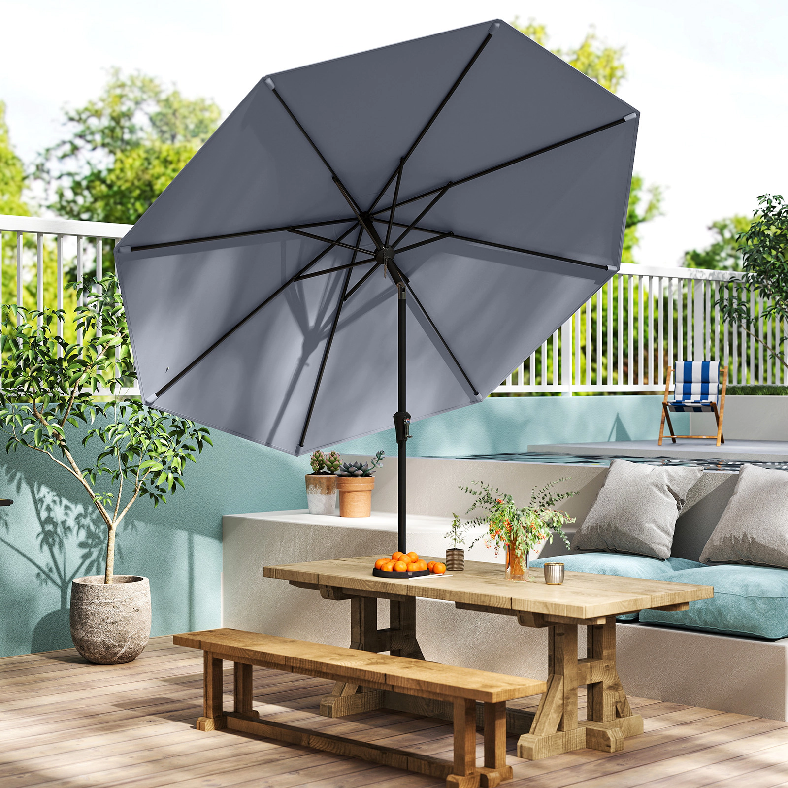 SUGIFT 9-ft Outdoor Market Patio Table Umbrella with Push Button Tilt Crank Lift Gray